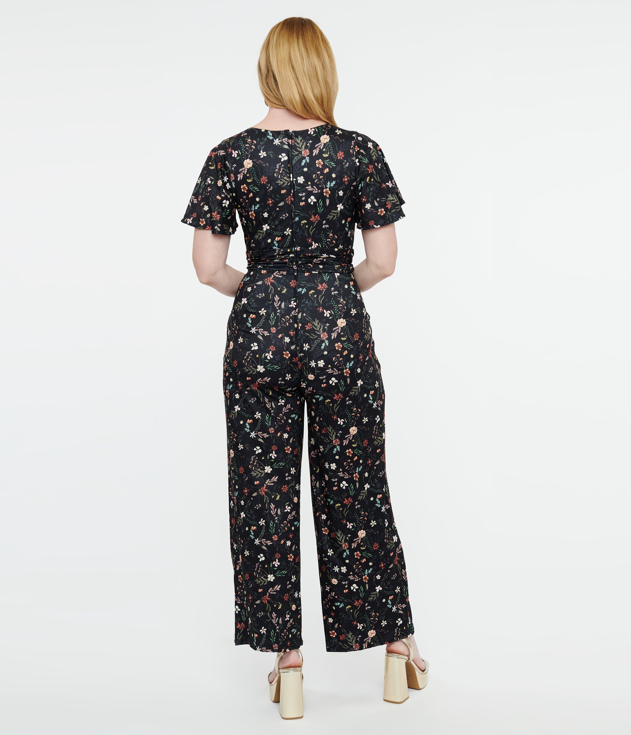 Dolly & Dotty Black Floral Meadow Butterfly Sleeve Jumpsuit for Women - Elegant Floral Print Romper with Puff Sleeves for Summer Parties, Weddings & Date Nights