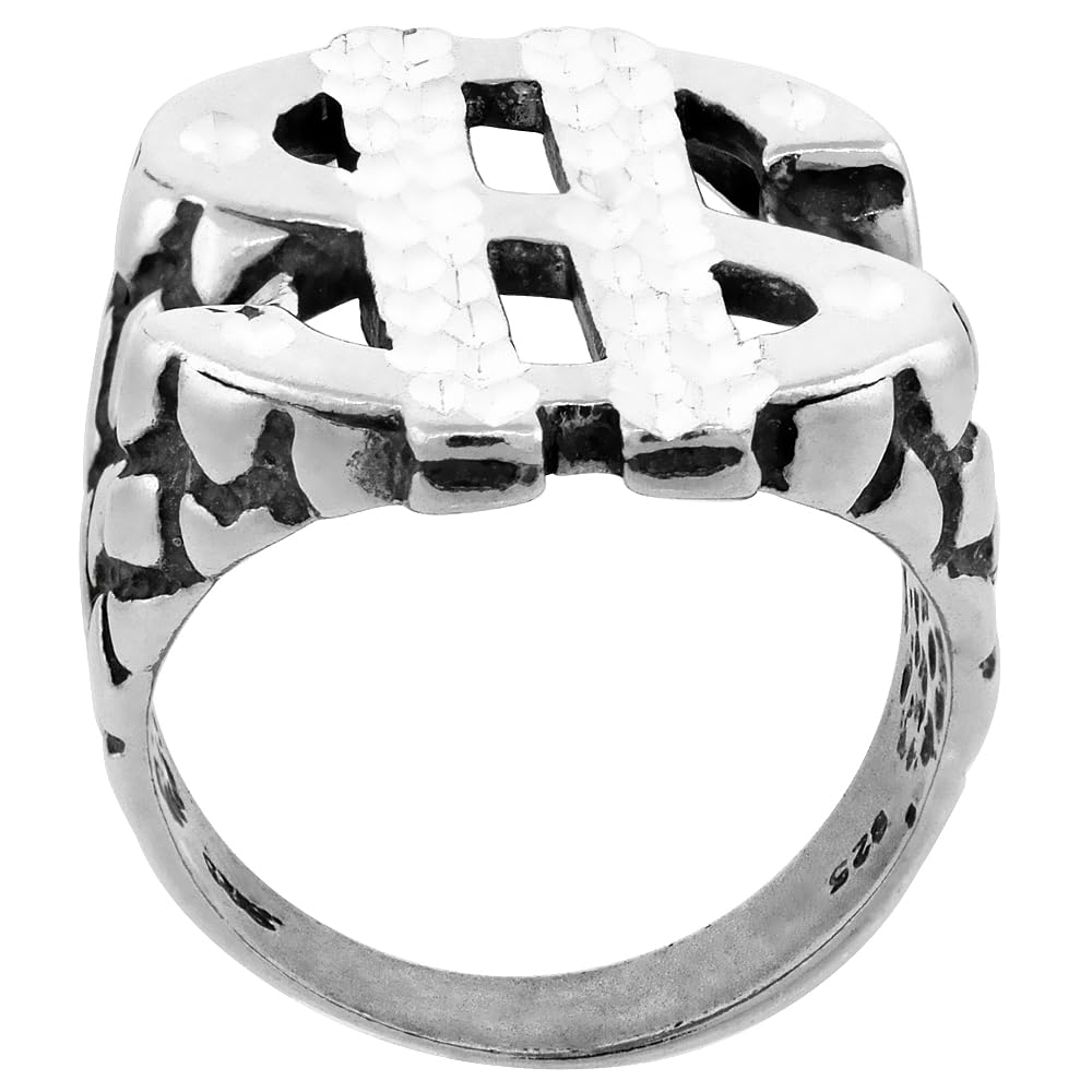Sterling Silver Dollar Sign Ring - Oxidized Diamond Cut 1 5/16