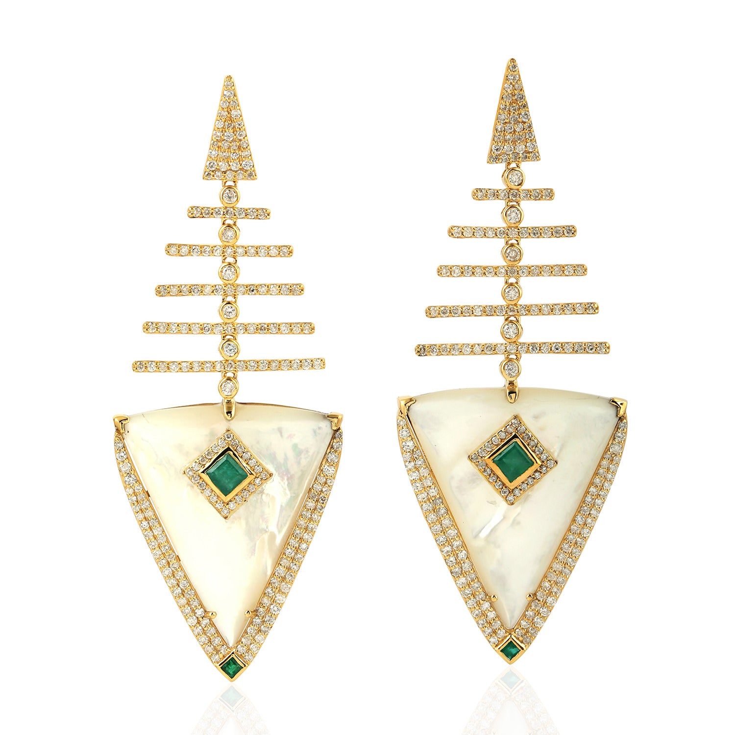 18K Gold Micro Pave Diamond & Emerald Trillion Dangle Earrings - Elegant Mother of Pearl Designer Jewelry for Weddings, Parties & Special Occasions