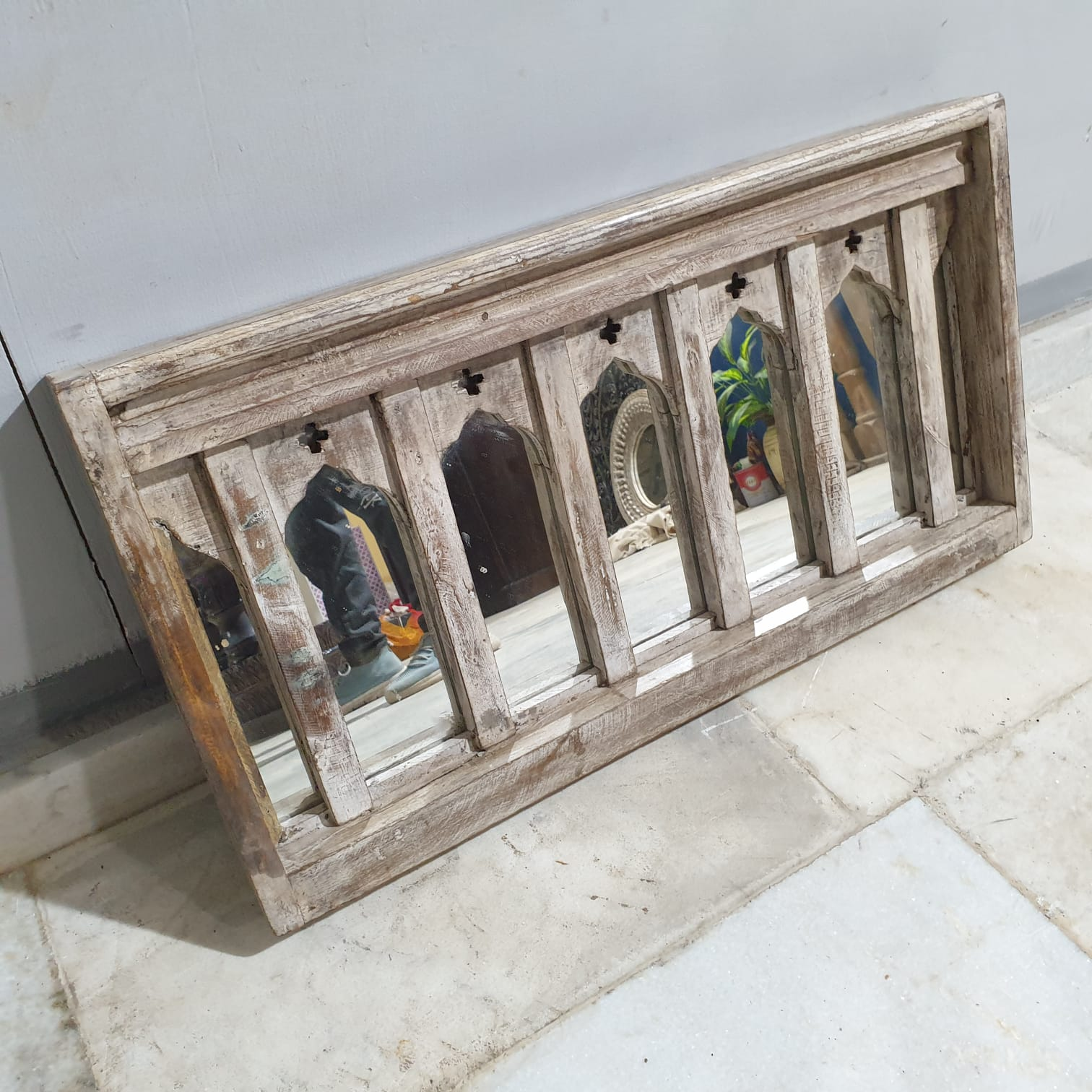 Hand Carved Antique Indian Solid Wood Mirror Frame - Natural Wooden Wall Decor - 27.5