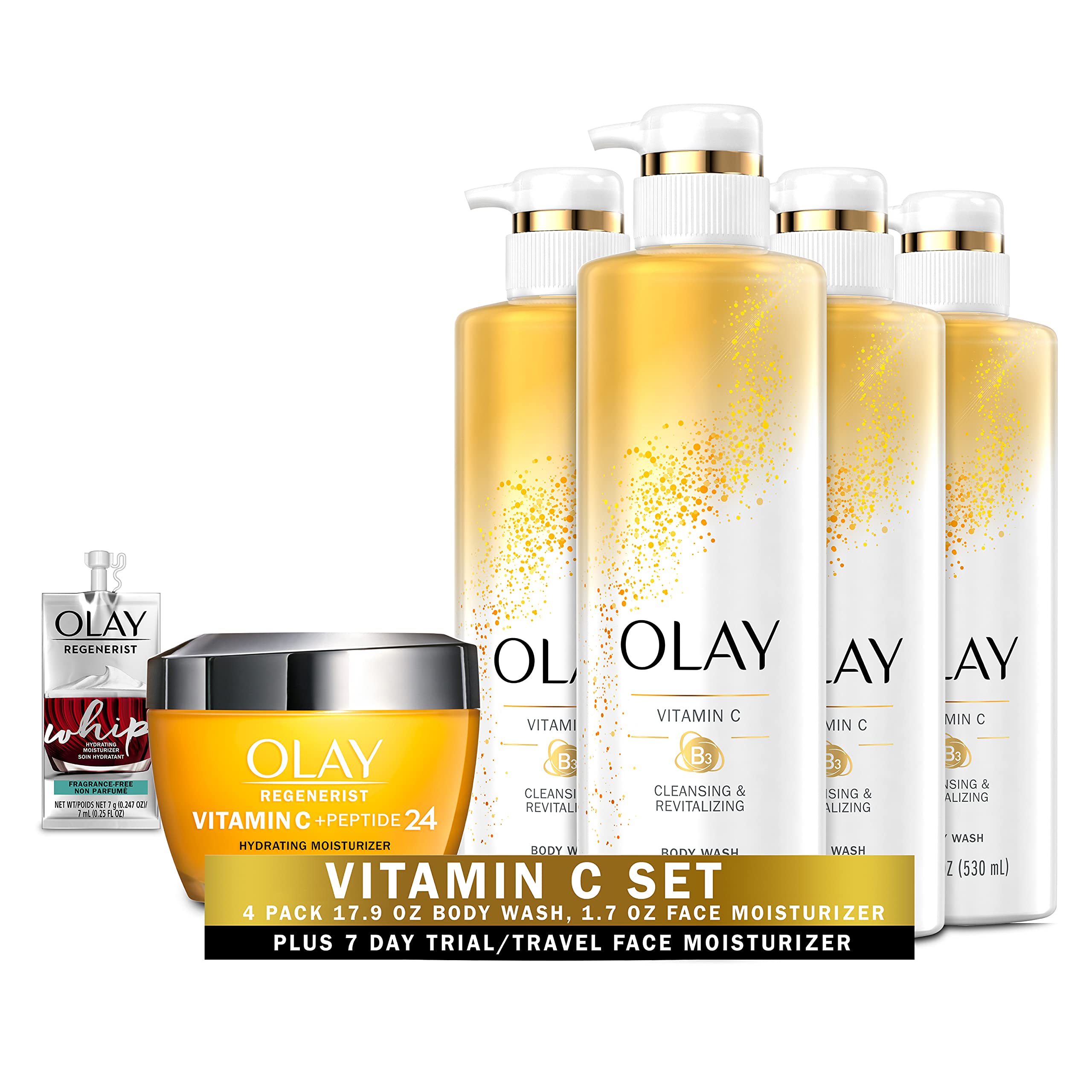 Olay Regenerist Vitamin C + Peptide 24 Brightening Face Cream 1.7 Oz with Travel Size Whip Moisturizer & Vitamin C Body Wash - Anti-Aging Skincare Set for Glowing Skin - Perfect for Daily Routine, Travel & Gifting