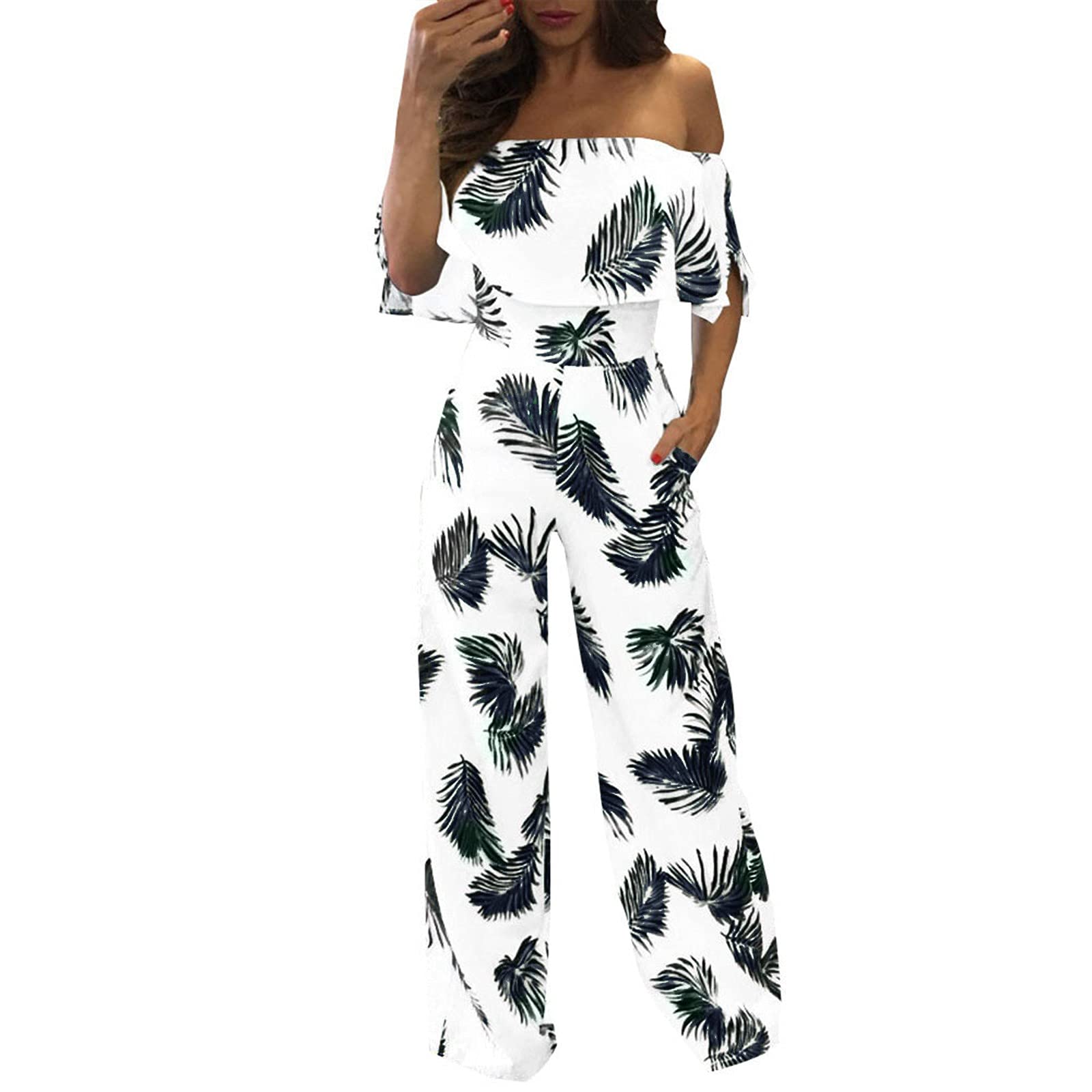 Eaktool Women's Casual Jumpsuit - Off Shoulder Floral Leaf Print Sparkly Capelet Loose Playsuit Romper for Summer Beach Vacation & Party Outfits