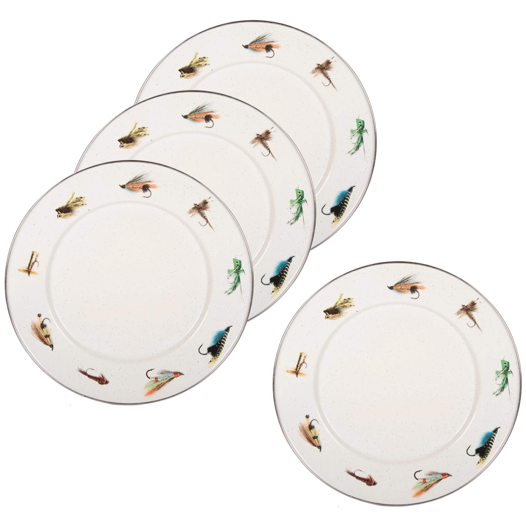 Golden Rabbit Enamelware Dinner Plates - Set of 4, 10.5 Inch Porcelain Plates with Fishing Fly Design - Elegant Tableware for Home Dining, Restaurants & Outdoor Picnics