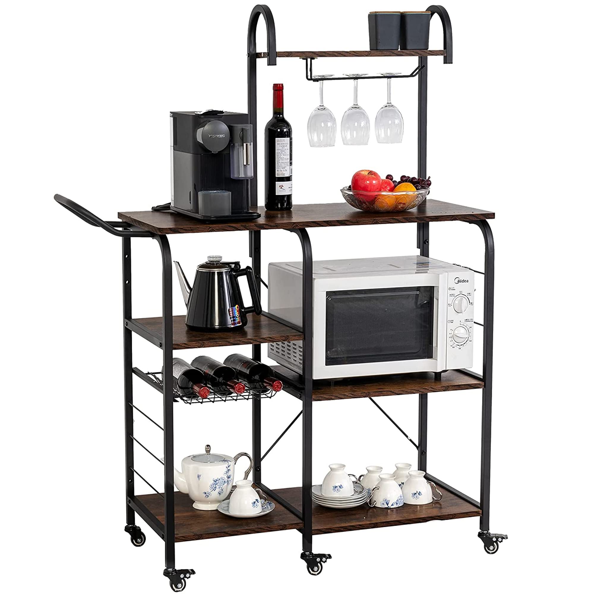 Waytrim 4+3 Tier Kitchen Baker's Rack with Wheels - Retro Brown Vintage Microwave Stand with Handle, Wire Basket & Wine Glass Rack - 54
