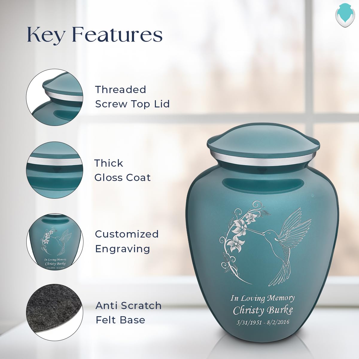 Personalized Hummingbird Cremation Urn for Human Ashes - Large Teal Funeral Urn with Double Side Engraving for Adults (200 lbs Capacity) | Memorial Keepsake for Home, Funeral Service & Scattering Ceremonies