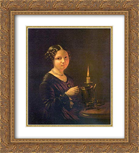 Vasily Tropinin 'Girl With A Candle' 20x22 Inch Gold Ornate Framed Art Print with Double Mat - Museum Quality Wall Decor for Living Room, Bedroom & Office