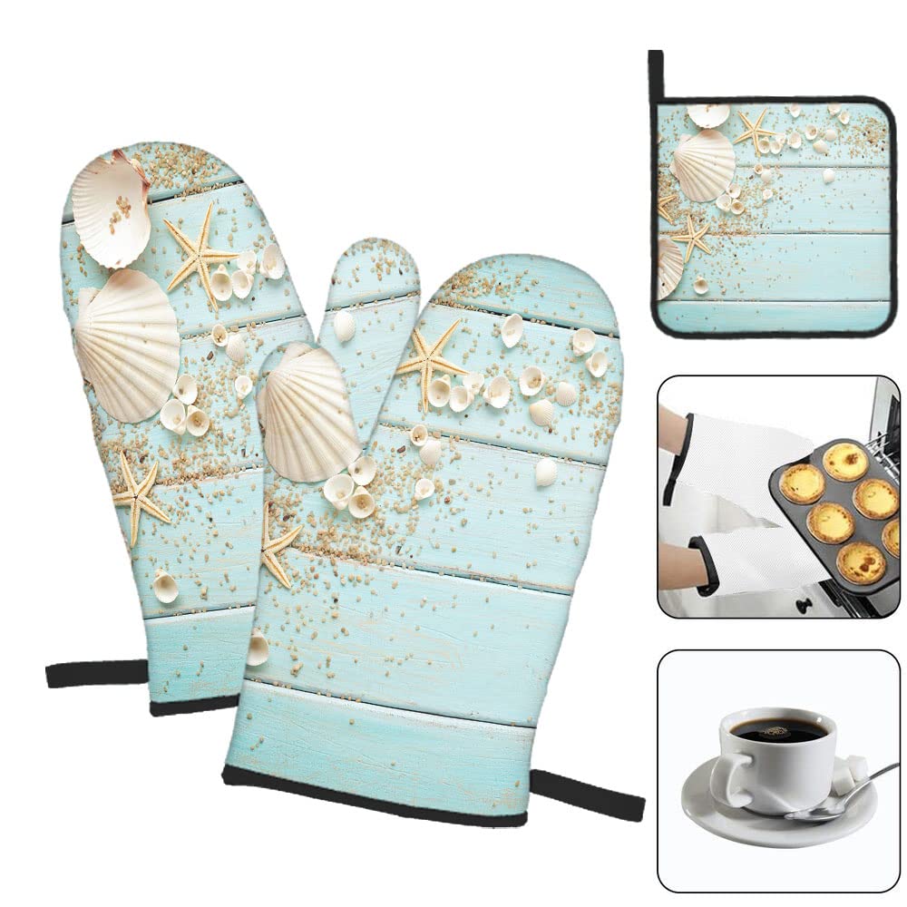 Seashells Design Wooden Background Oven Mitts & Pot Holders Set of 3 - Heat Resistant BBQ Gloves for Kitchen Cooking Baking Grilling - Perfect for Women's Home Cooking & Outdoor BBQ Parties