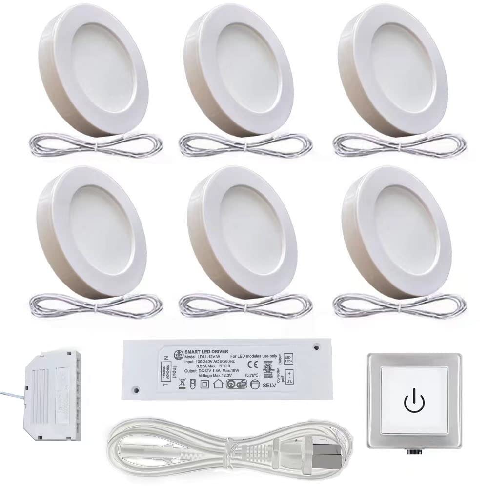 VST Under Cabinet Lighting Plug in with Wired Touch Dimmer Switch - 6 Pack White Puck Lights, Recessed or Surface Mount Design, Natural White 4000K, 12V 2W (12W Total) - Perfect for Kitchen, Closet, and Display Cabinet Lighting