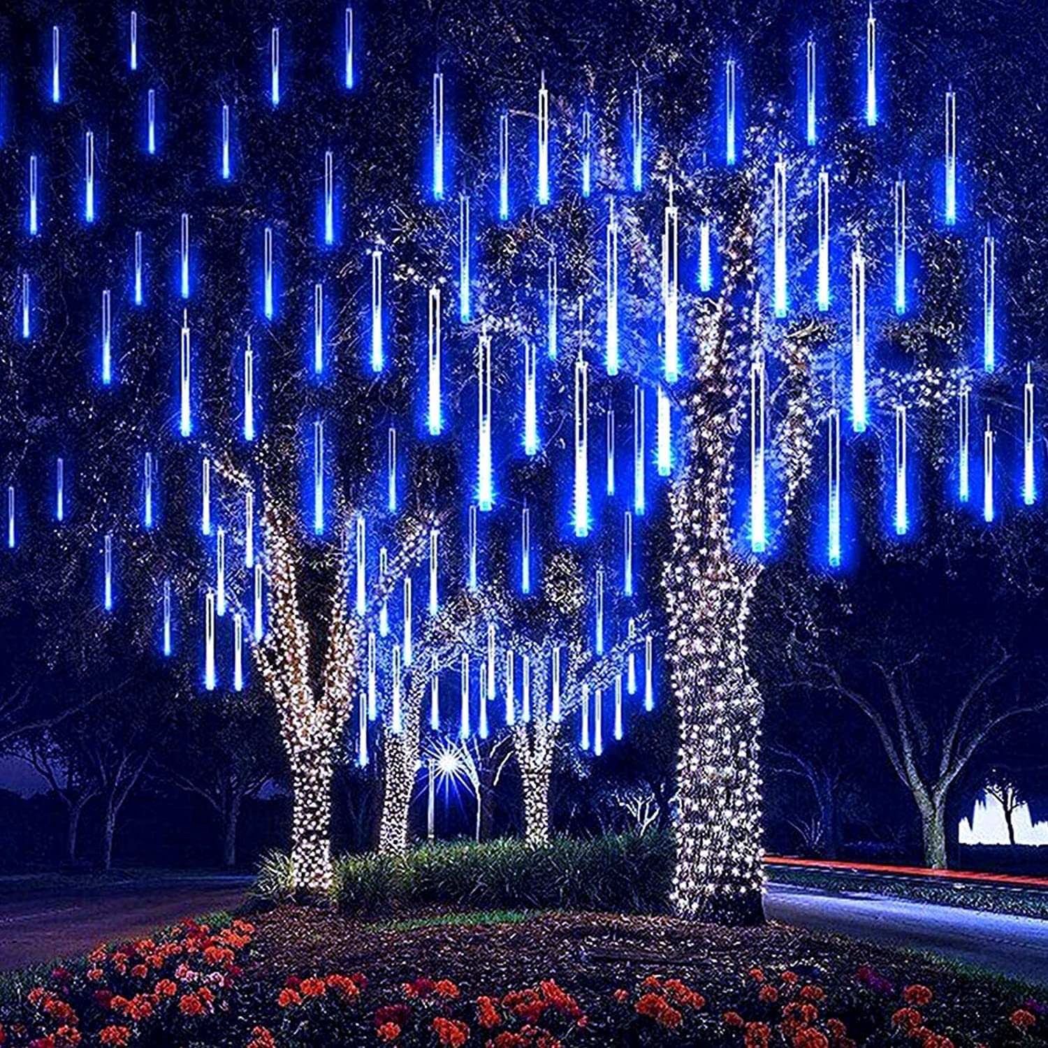 Loveboat Blue Rain Drop Lights - 8 Tubes 30cm 144 LEDs Meteor Shower Falling LED Tree Cascading String Lights for Outdoor Christmas, Wedding, Party, Garden & Holiday Decorations | Perfect for Patio, Backyard, Landscape and Special Events Lighting