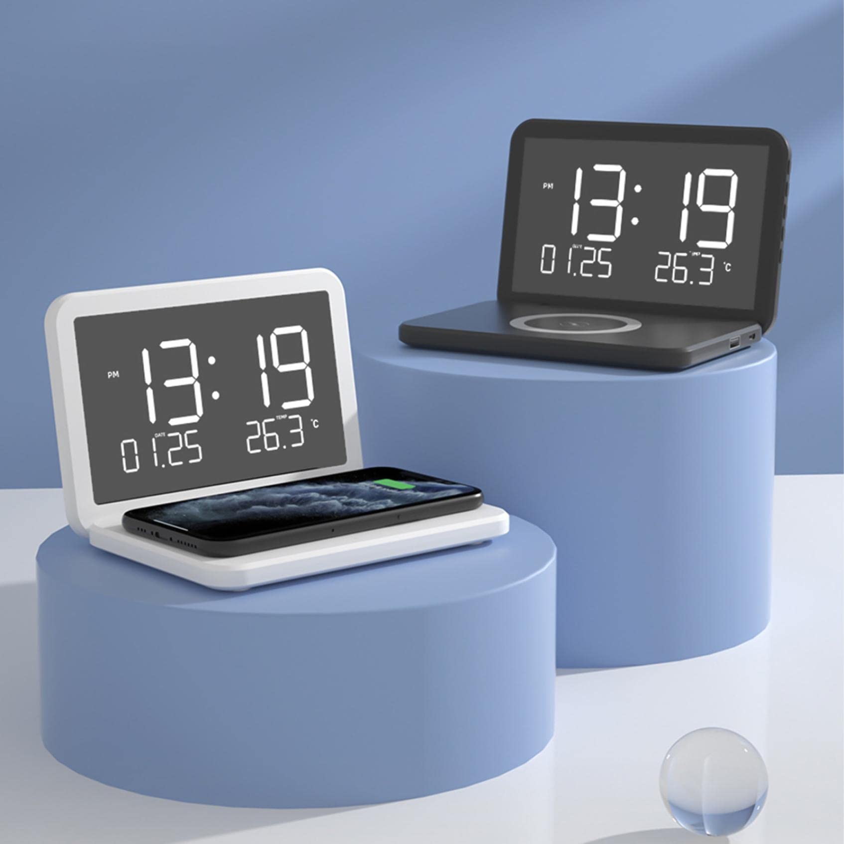 Digital Alarm Clock with Mirror Surface LED Display, Large Screen, USB Charger & Wireless Charging, Temperature Sensor, Adjustable Brightness - Perfect for Office, Bedroom, Nightstand (White)