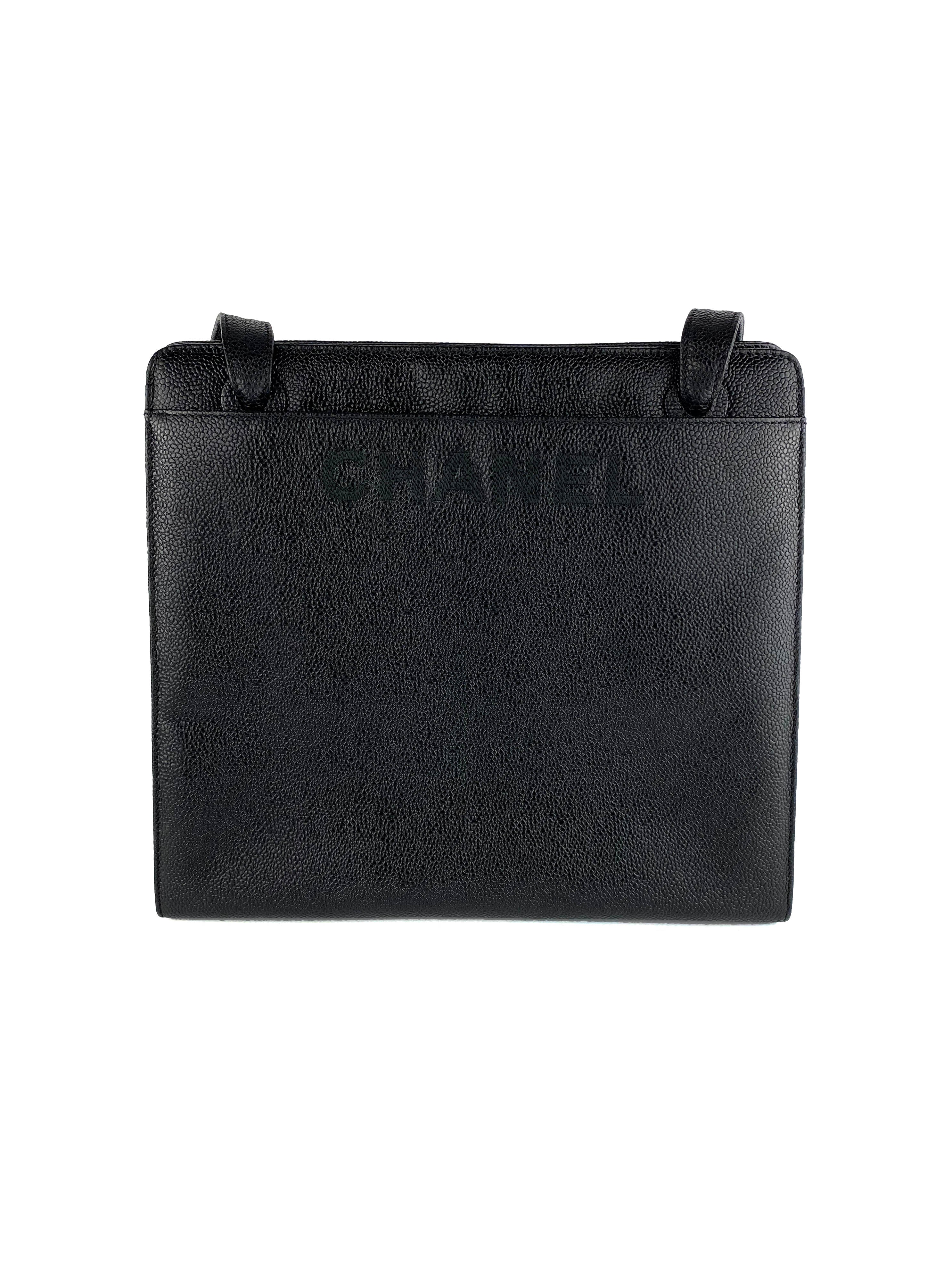 Vintage Chanel Black Leather Tote Bag with Stitched Logo - Luxury Designer Handbag for Women, Perfect for Work, Travel & Everyday Use