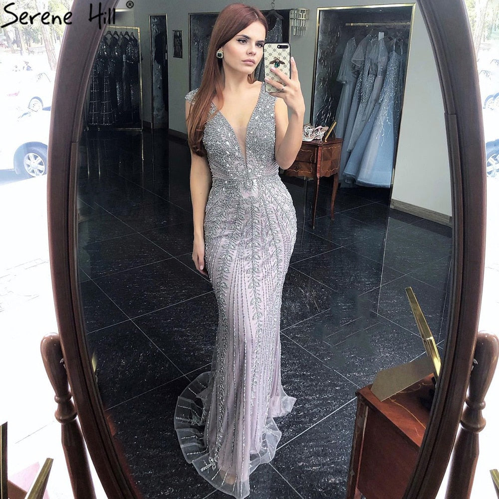 Elegant Grey Mermaid Evening Dress with Beading & Crystal Details - Luxury Women's Formal Gown for Parties, Prom, Weddings & Special Occasions