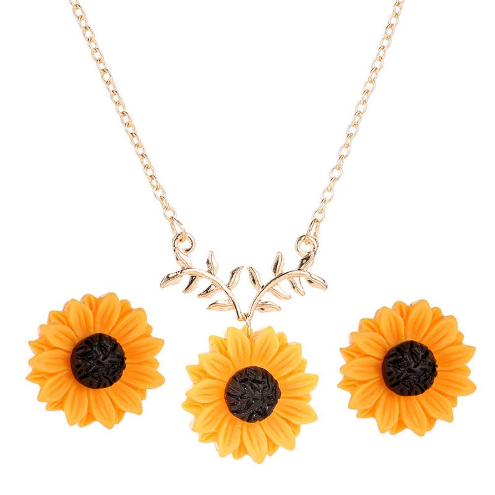 Handmade Sunflower Pearl Resin Necklace and Earrings Set - Boho Long Drop Pendant Choker with Matching Floral Earrings for Women & Girls | Perfect for Weddings, Parties & Everyday Boho Fashion