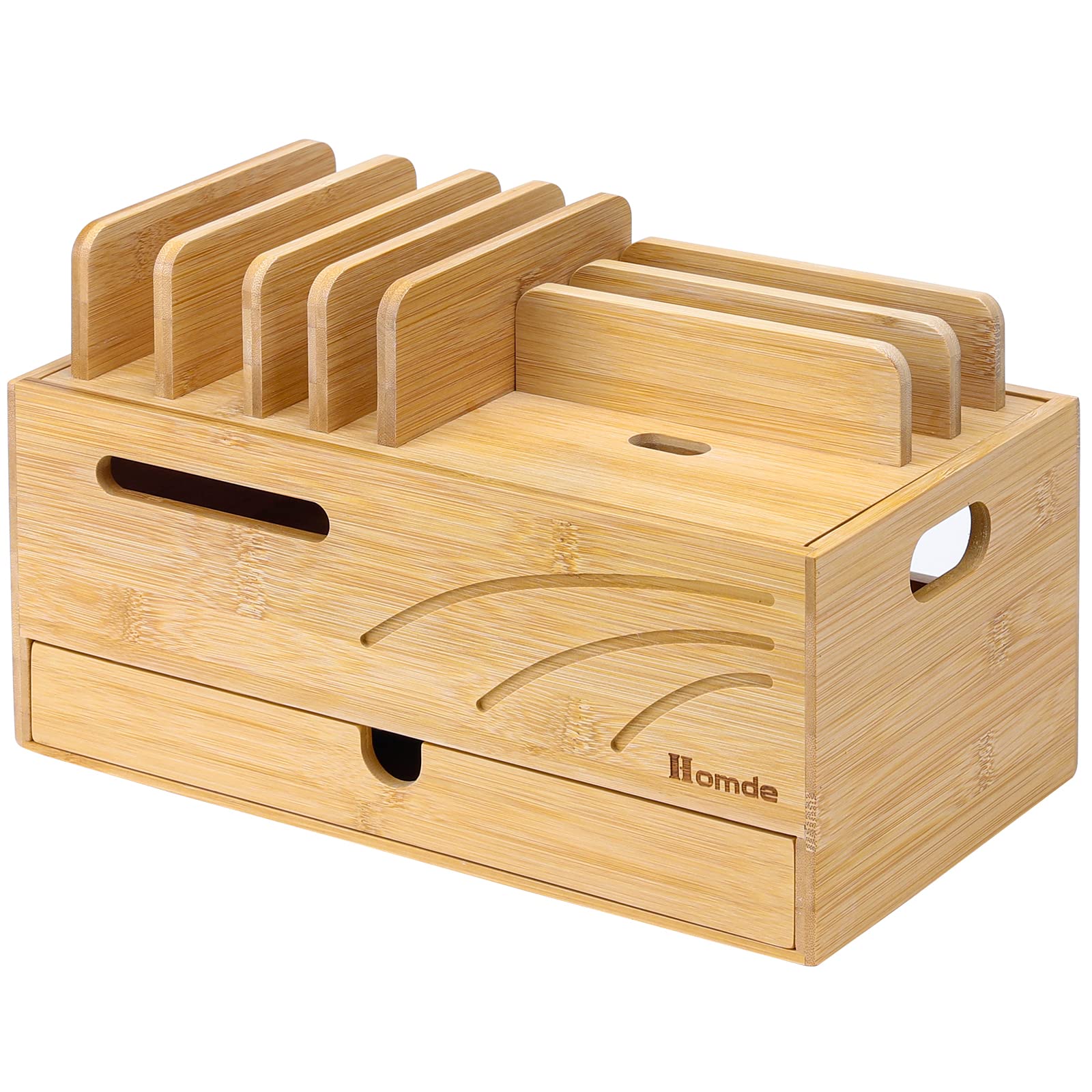 Premium Bamboo Charging Station Organizer - 6-Slot Multi-Device Cord Management Box for Phones, Tablets, Watches & Electronics | Natural Wood Desktop Charger Holder | Perfect for Home, Office & Travel Use