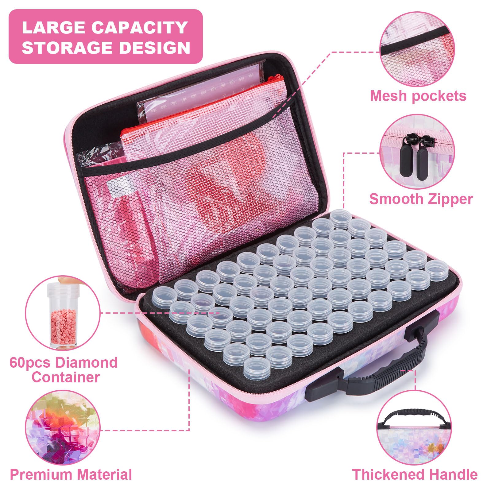 Diamond Painting Storage Box with 60 Slots - Portable Art Tool Organizer for DIY Diamond Painting, Jewelry Beads & Craft Accessories | Perfect for Home Decor, Travel & Gift Giving (Pink)