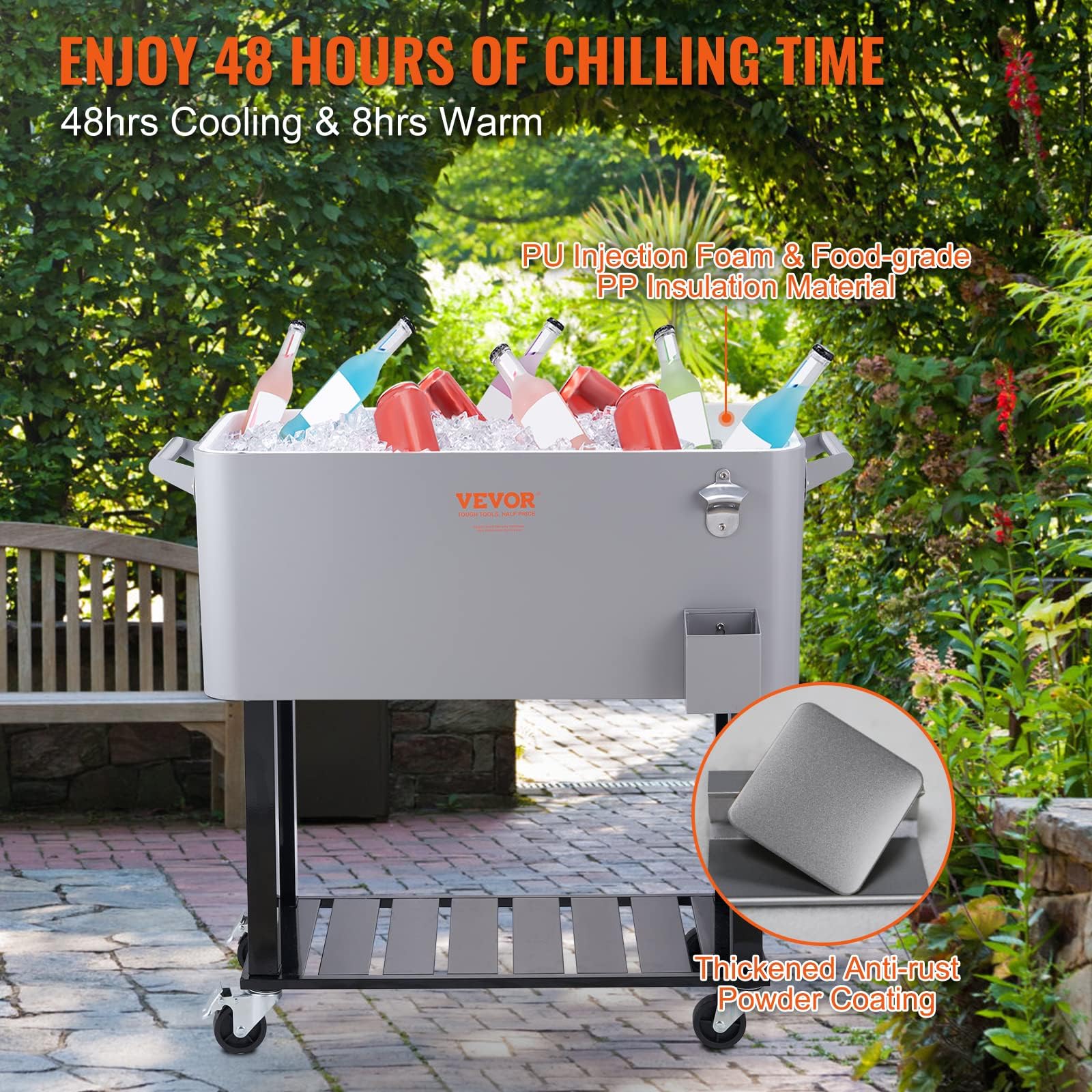 VEVOR 80 Quart Rolling Ice Chest Cooler Cart with Wheels & Handles - Portable Beverage Cooler for Drinks, Beer, Wine - Outdoor Bar Cart for Patio, Backyard, Pool Parties, Camping & Tailgating - Includes Bottle Opener (Silver)