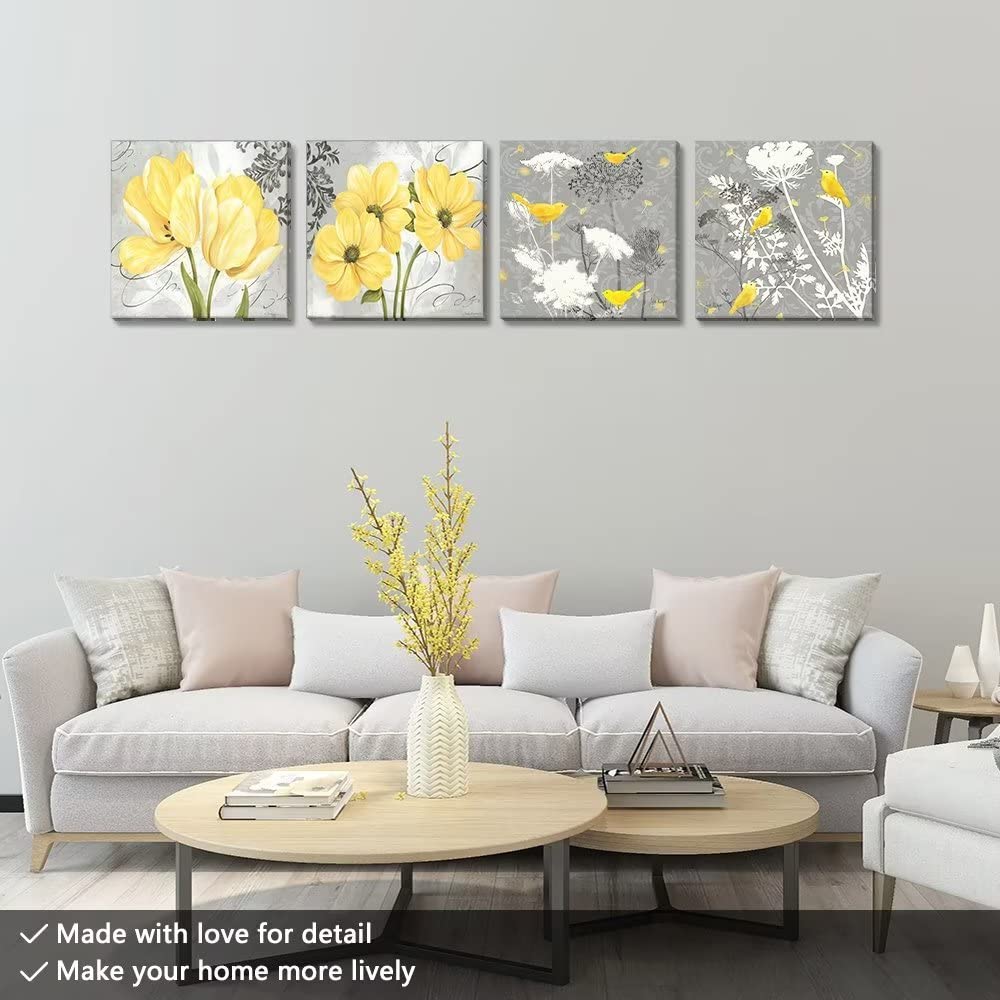 Yellow and Gray Floral Canvas Wall Art - 4 Panel Framed HDQ Picture for Bathroom Decor | Perfect for Home, Office & Spa Interior Design