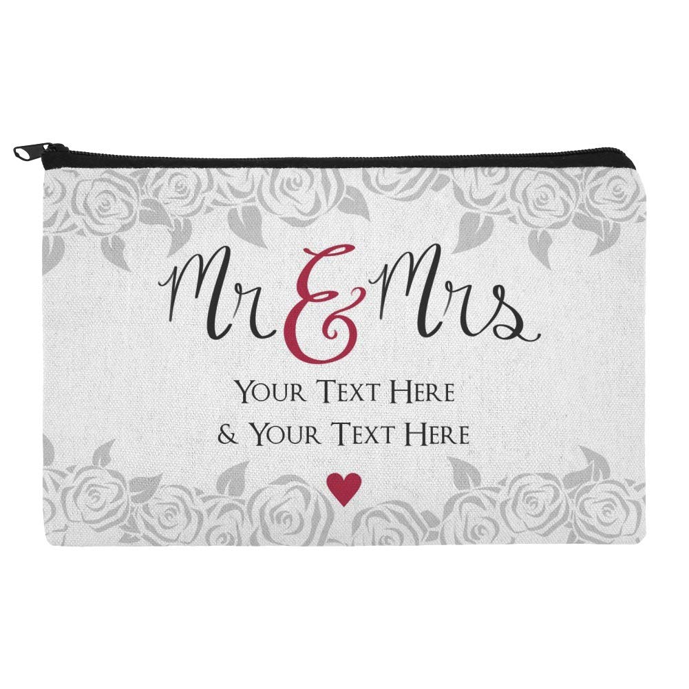 Personalized Mr and Mrs Wedding Makeup Bag - Custom 2 Lines Engraved Cosmetic Pouch Organizer for Bridal Shower, Honeymoon & Travel Essentials