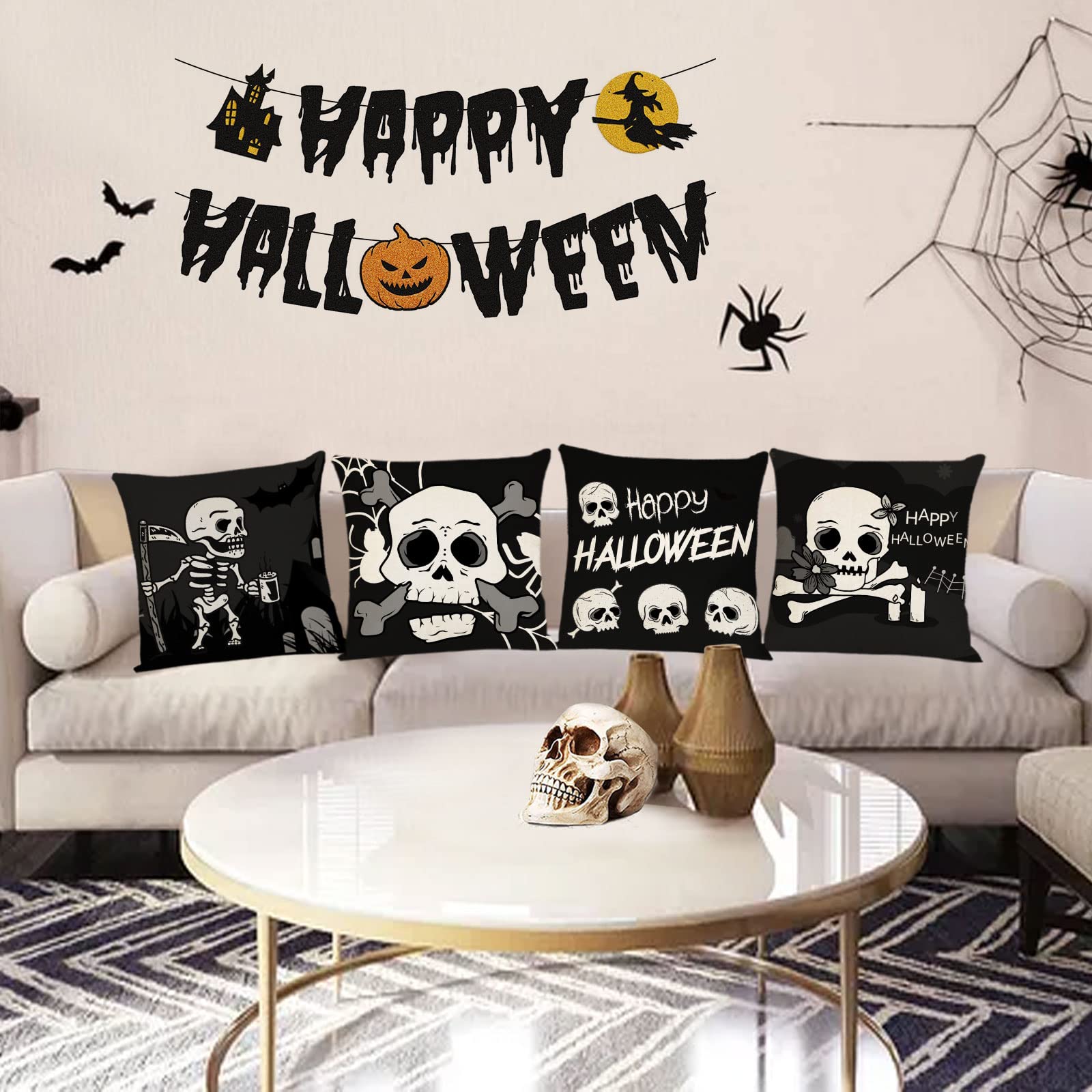 Halloween Pillow Covers 12x12 Set of 4 - Black Skeleton Ghost Throw Pillow Cases for Couch, Sofa & Outdoor Decor - Spooky Home Decorations for Halloween Party, Living Room & Porch