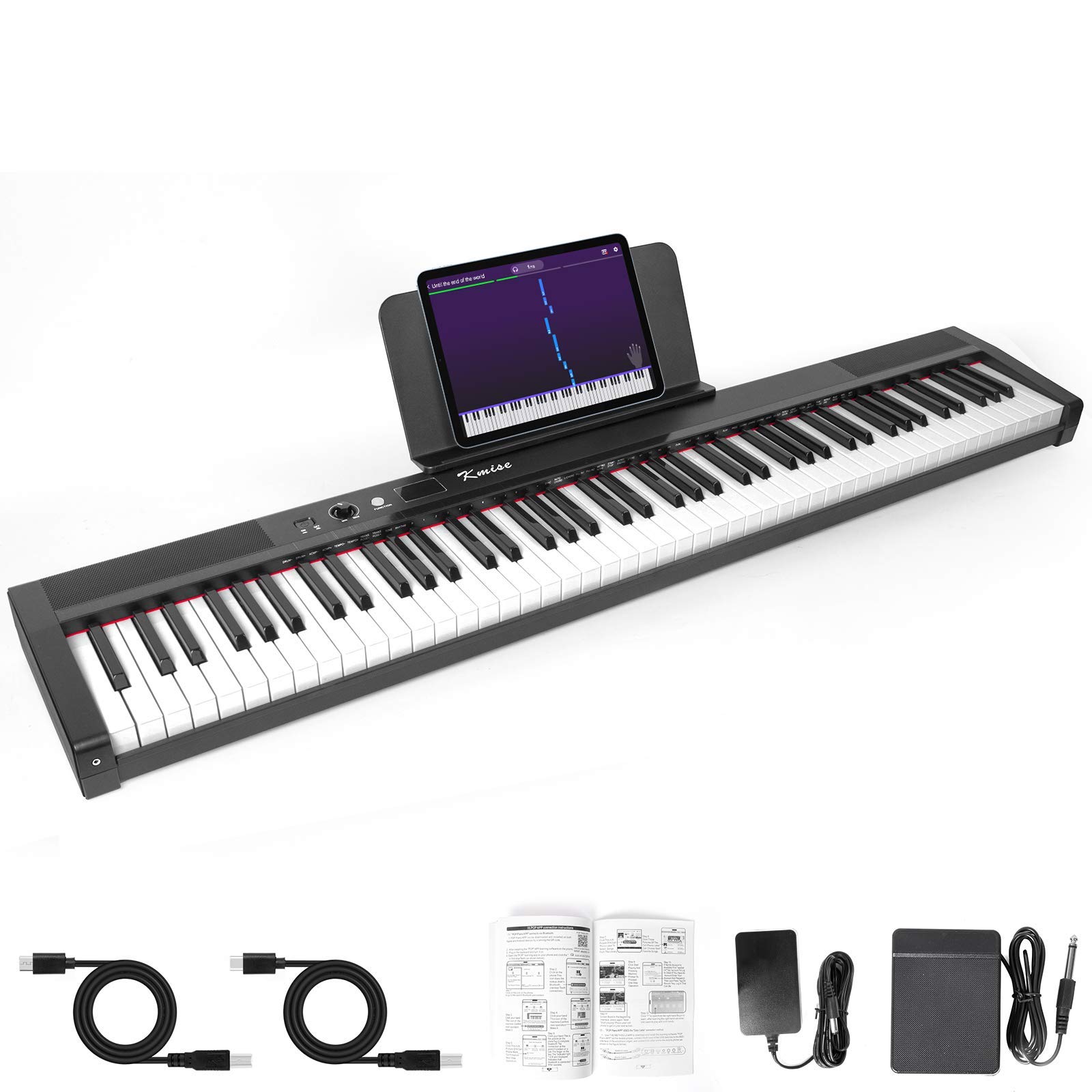 Kmise 88-Key Full Size Semi-Weighted Digital Piano with Music Stand, Power Supply, Sustain Pedal & Bluetooth MIDI - Professional Electronic Keyboard for Beginners & Home/Stage Performances - Perfect for Music Practice, Studio Recording & Live Concerts