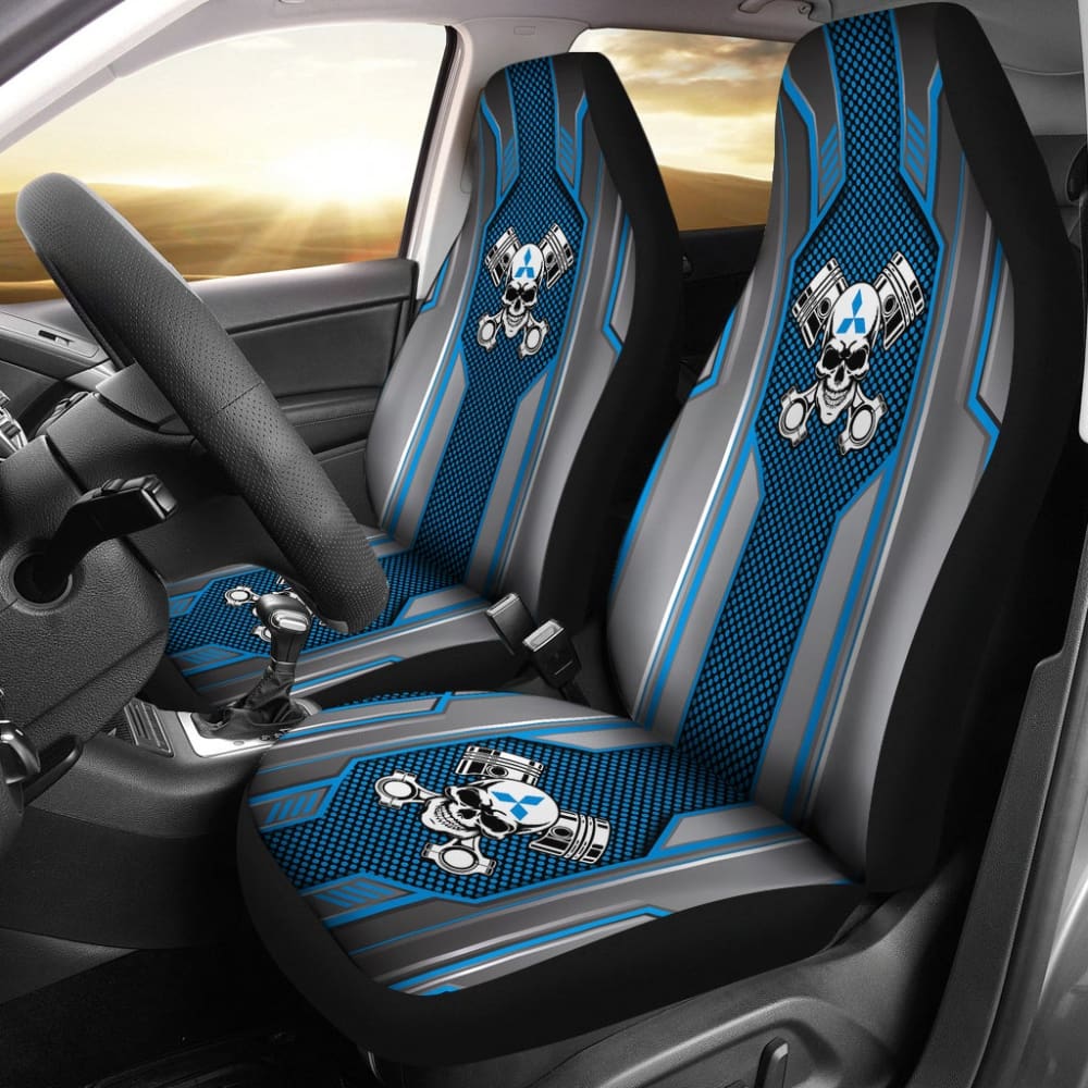 Premium Black & Blue Mechanic Skull Print Mitsubishi Car Seat Covers - Universal Fit for Most Models (210801) - Durable Protection for Daily Commute & Road Trips