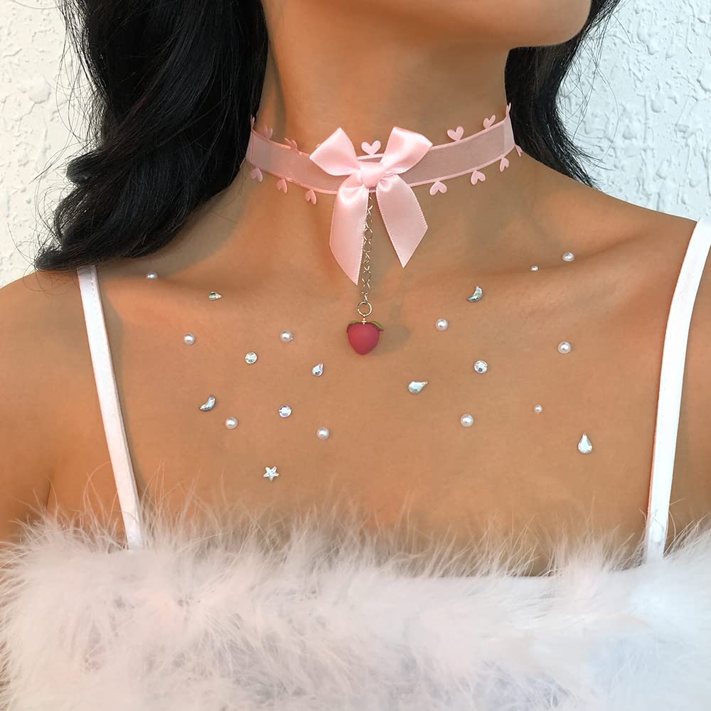 Jumwrit Cute Bow Choker Necklace - Lolita Heart Collar Silver Chain with Peach Pendant for Women & Girls (Pink) | Perfect for Valentine's Day, Cosplay & Gothic Fashion Accessories