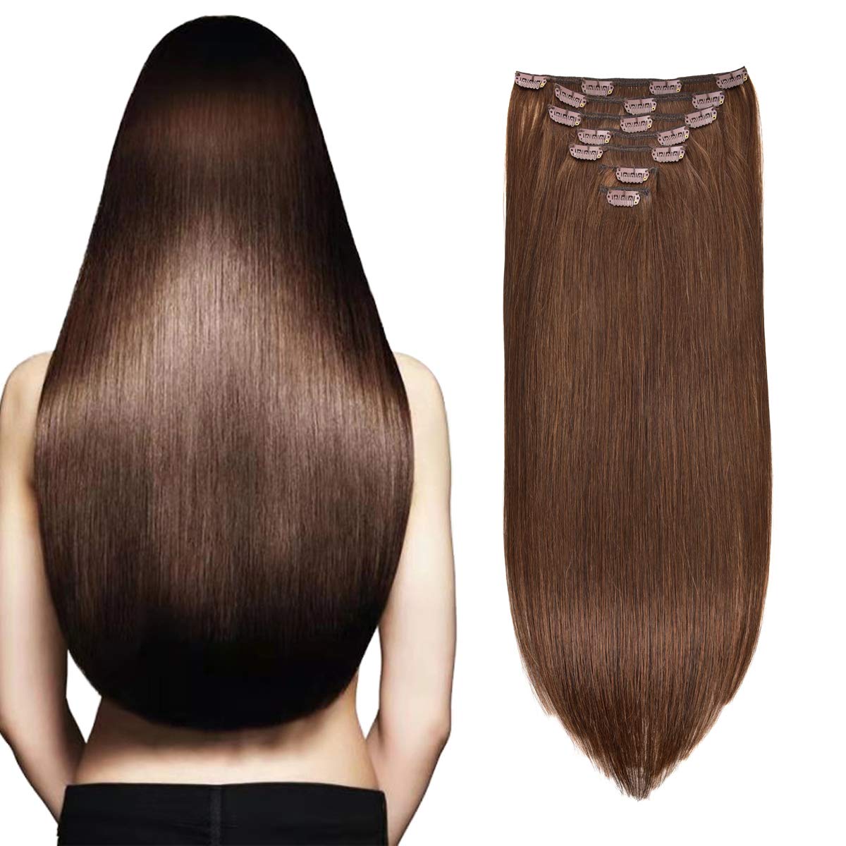 Clip in Hair Extensions 18 Inch Real Human Hair - 7pcs Dark Brown #2 Remy Hair Weft (120g) for Thickening & Lengthening - Perfect for Weddings, Parties & Daily Styling