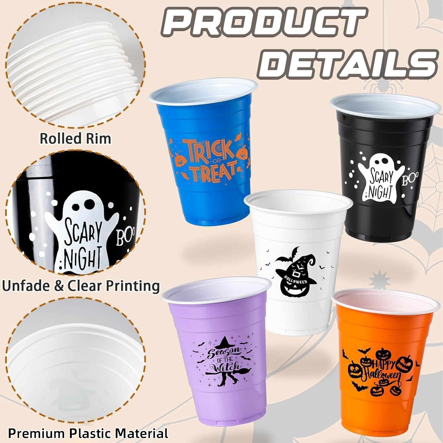 GuassLee 50 Pack Halloween Disposable Cups - 16Oz Colorful Plastic Party Cups Set (5 Styles) for Halloween Party, Coffee, Wine, Hot & Cold Drinks - Perfect for Halloween Celebrations, Office Parties, and Family Gatherings