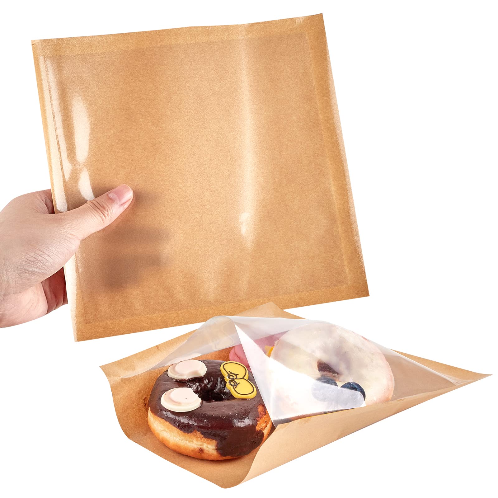 200 Pack Heat Sealable Bakery Bags with Window - 7.1x7.5 Inch Kraft Paper Grease Resistant Cookie Bags for Donuts, Pastries, Muffins & Treats | Ideal for Bakeries, Cafes, Food Trucks & Home Baking