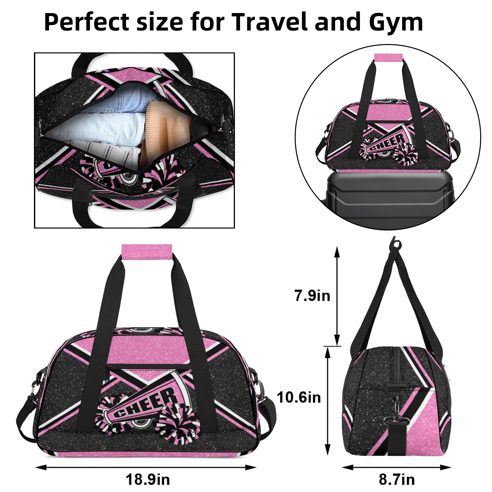 Cheerleader Gym Bag for Women - Pink Cheerleading Duffle Bag with Shoe Compartment | Perfect for Sports, Travel & Weekend Getaways | Lightweight Carry-On Weekender Bag