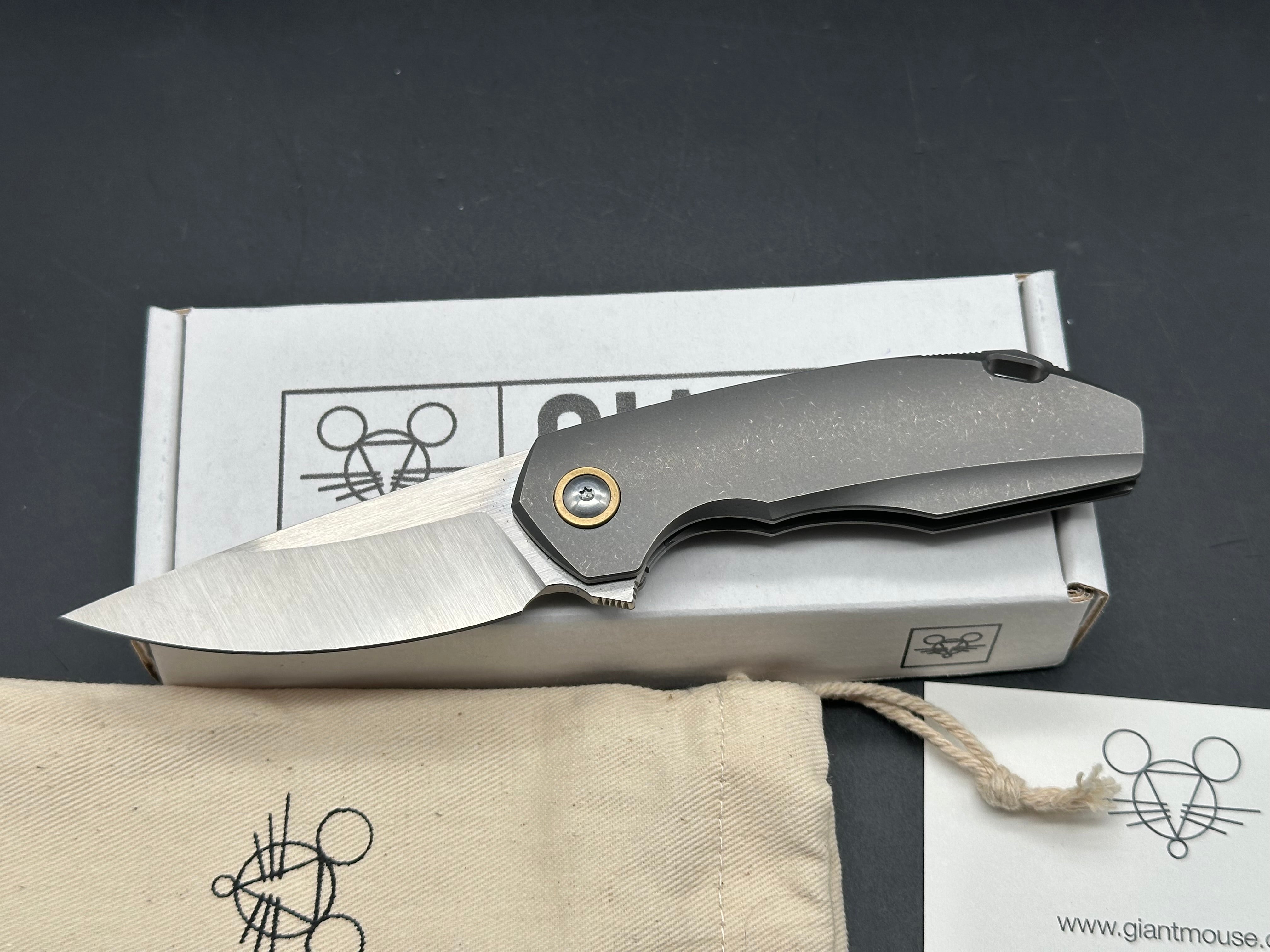 GiantMouse GM6 #047 Folding Knife - M390 Satin Blade, Stonewashed Titanium Handles & Pocket Clip - EDC, Outdoor, Camping, Survival Gear