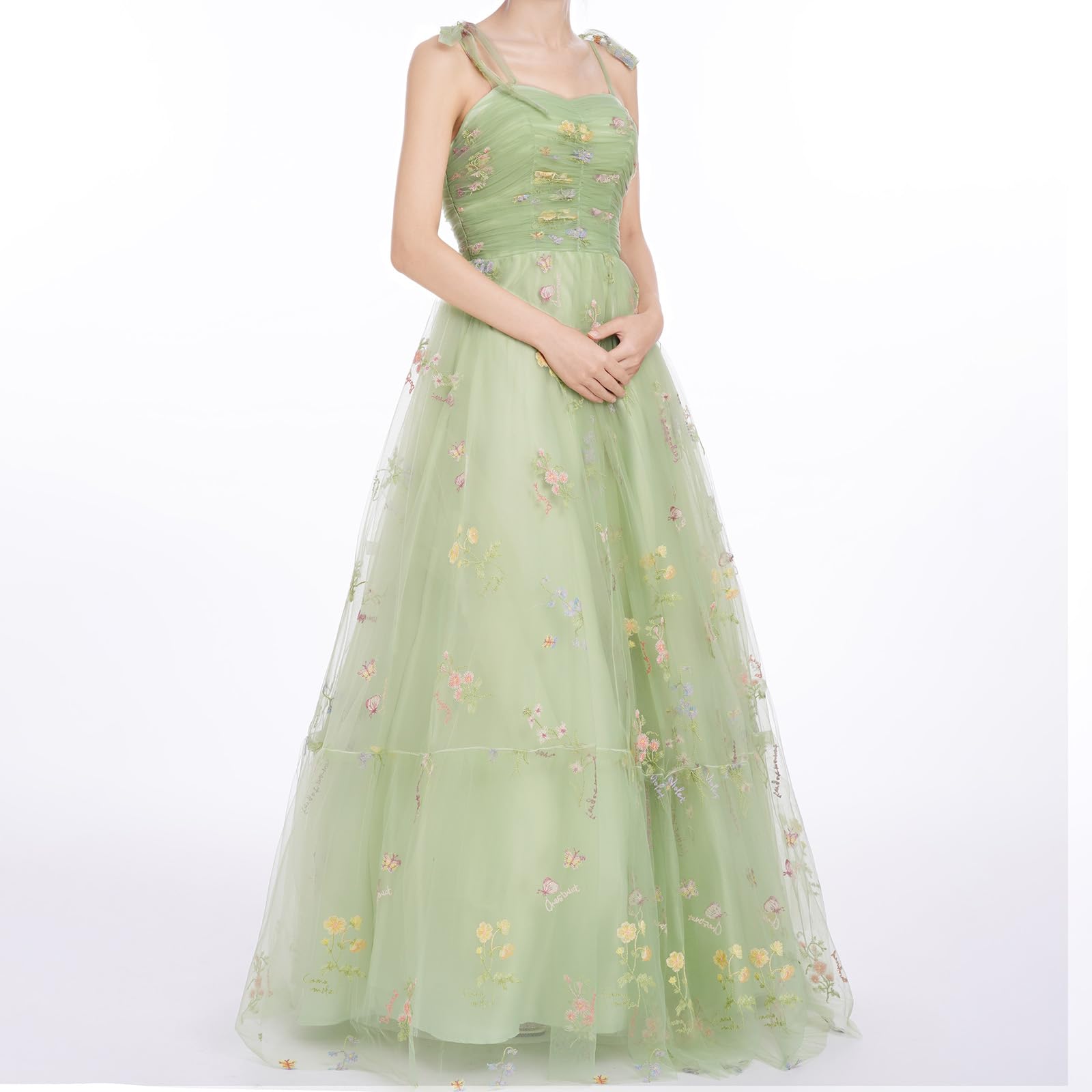 Elegant Long Floral Embroidered Maxi Dress for Women - Spaghetti Strap Wedding Party Prom Gown with Tulle Skirt | Perfect for Formal Events, Beach Weddings & Summer Evenings