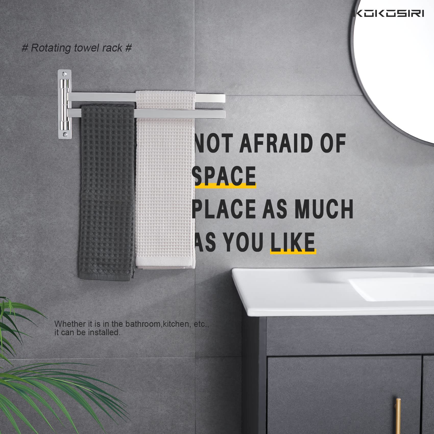 KOKOSIRI 2-Arm Swivel Towel Bar - Swing Out Hand Towel Holder for Bathroom, Kitchen & Toilet - Wall Mounted Chrome Stainless Steel (B5007CH-A2) - Perfect for Small Spaces & Convenient Access to Towels