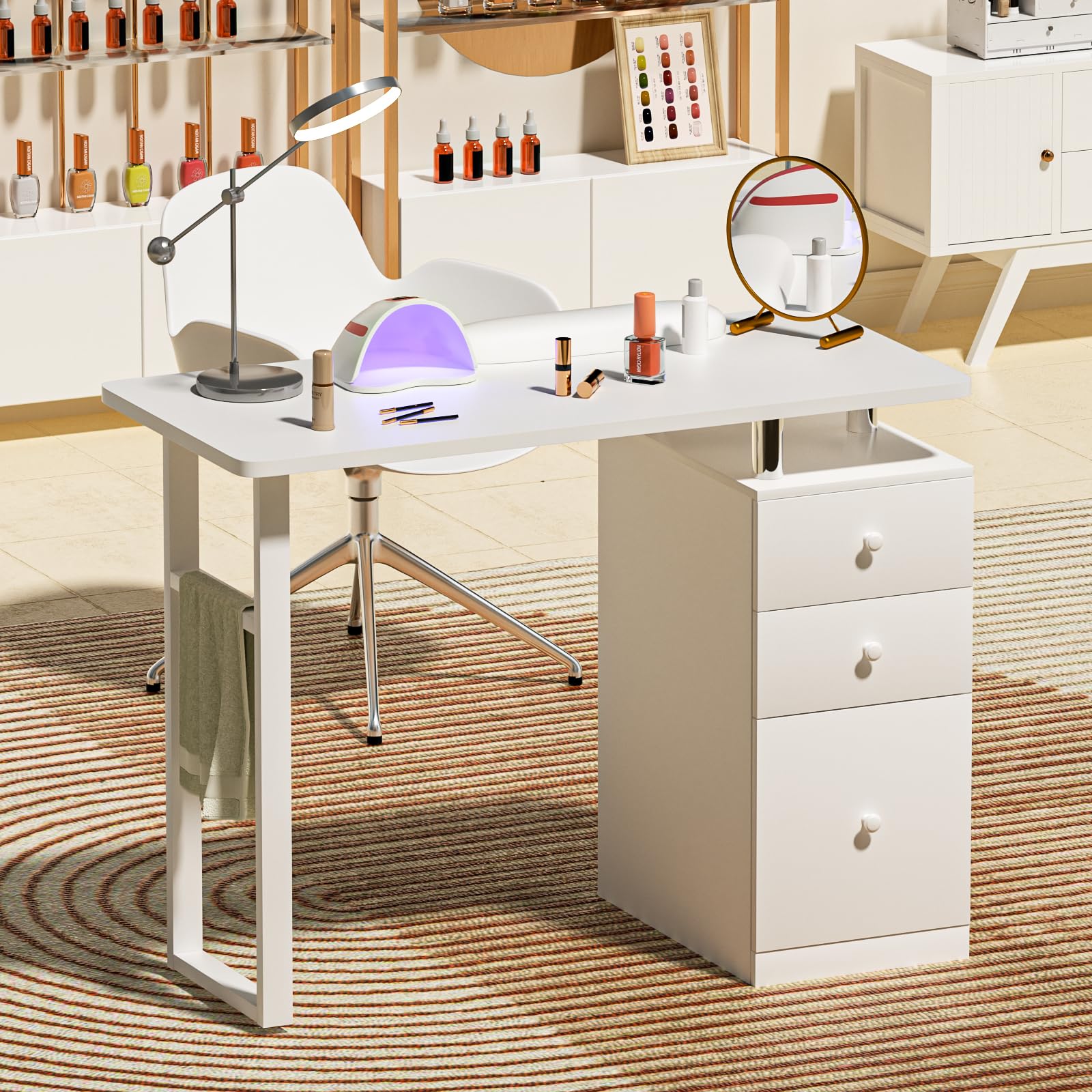 Professional Manicure Table for Nail Technicians - Acetone-Resistant Beauty Salon Desk with Wrist Cushion, 2 Drawers, 1 Cabinet & Open Storage - Perfect for Nail Salons, Home Studios & Mobile Nail Services