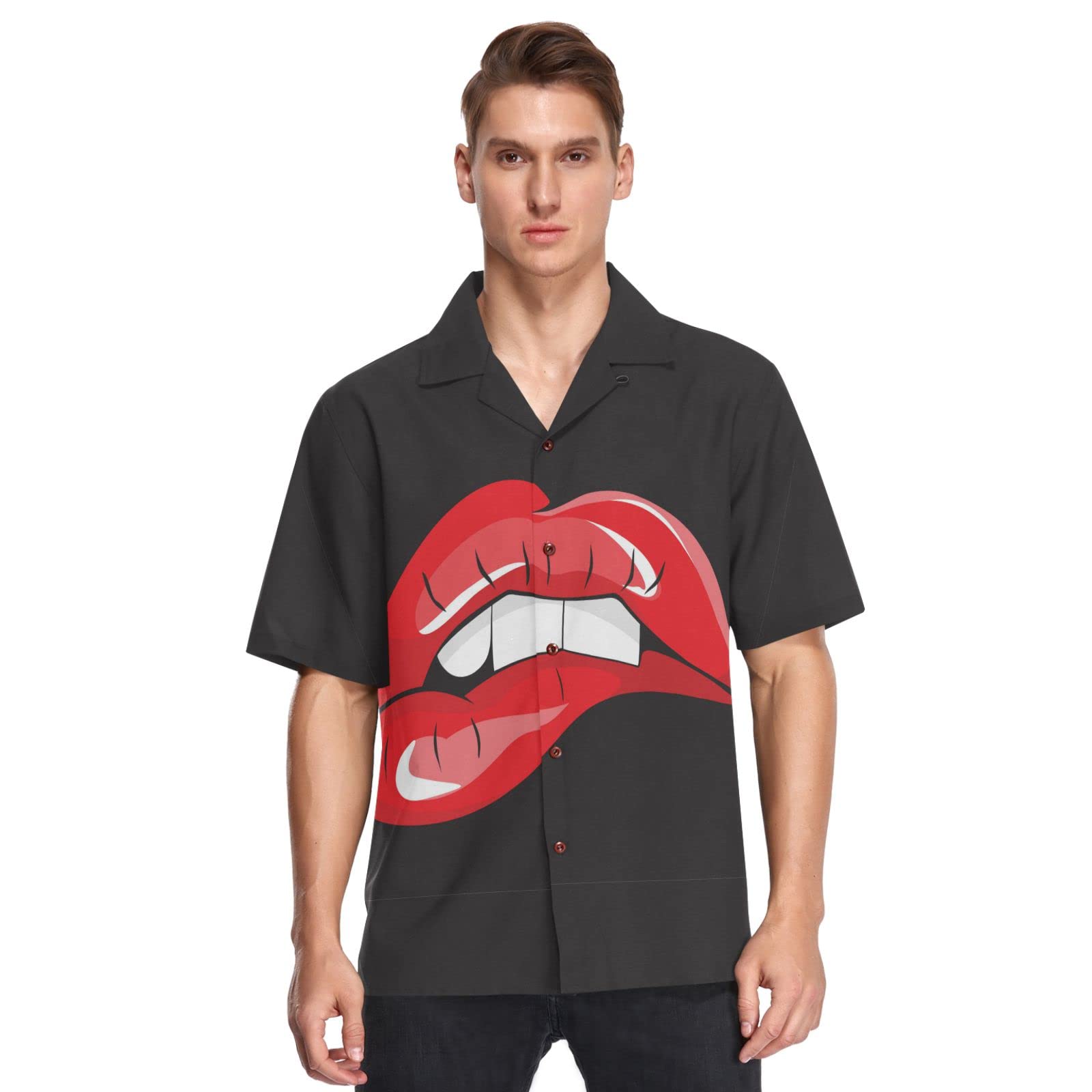 Stylish Men's Hawaiian Shirt - Red Lips & Teeth Print Aloha Beach Shirt, Summer Casual Button Down Shirt for Tropical Vacation, Beach Party, and Summer Outings