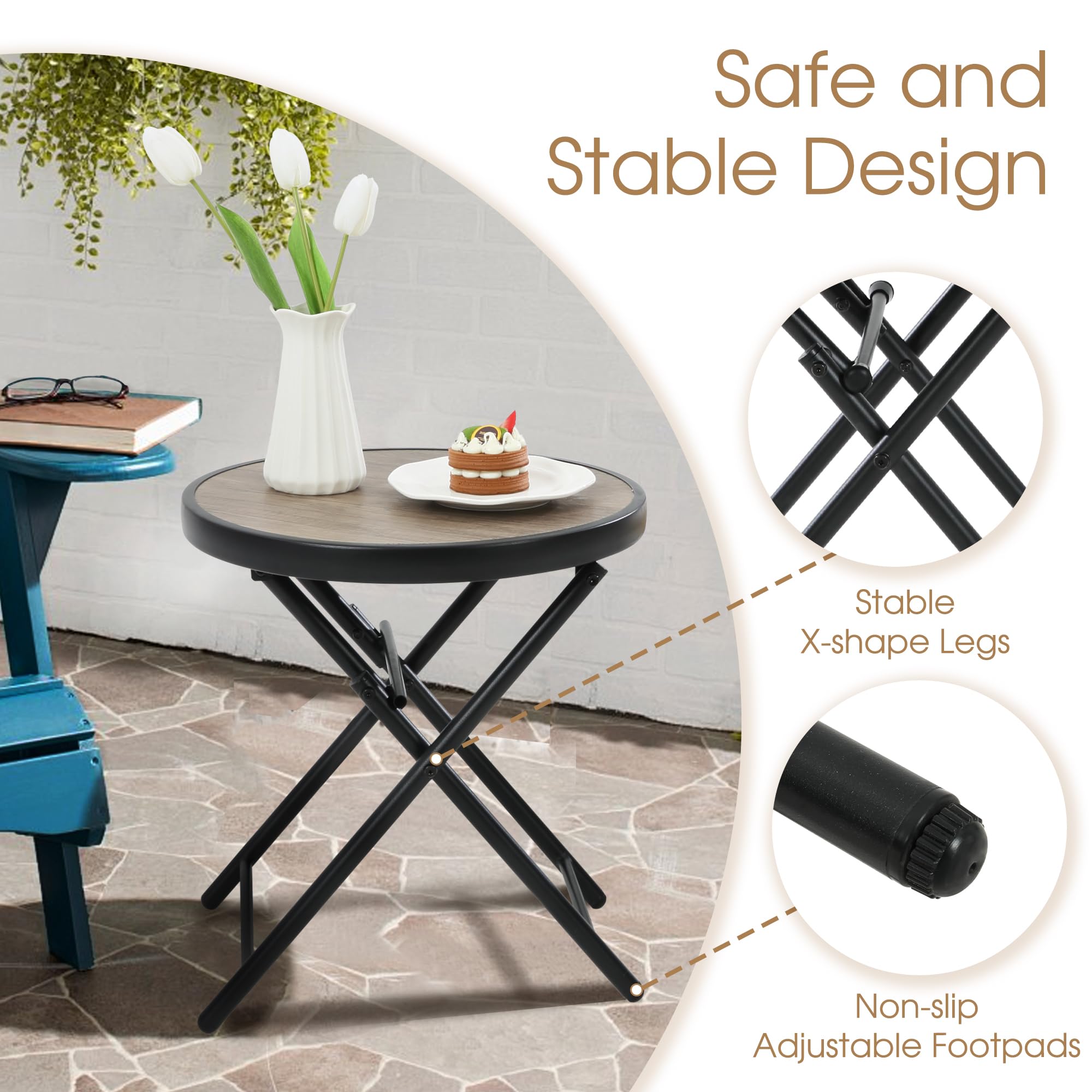 HOMEFUN Outdoor Side Table - Folding Patio End Table with Tempered Glass Top, Portable Bistro Coffee Table for Porch, Yard, Balcony, Garden, Deck & Poolside - Perfect for Outdoor Relaxation, Entertaining & Coffee Time