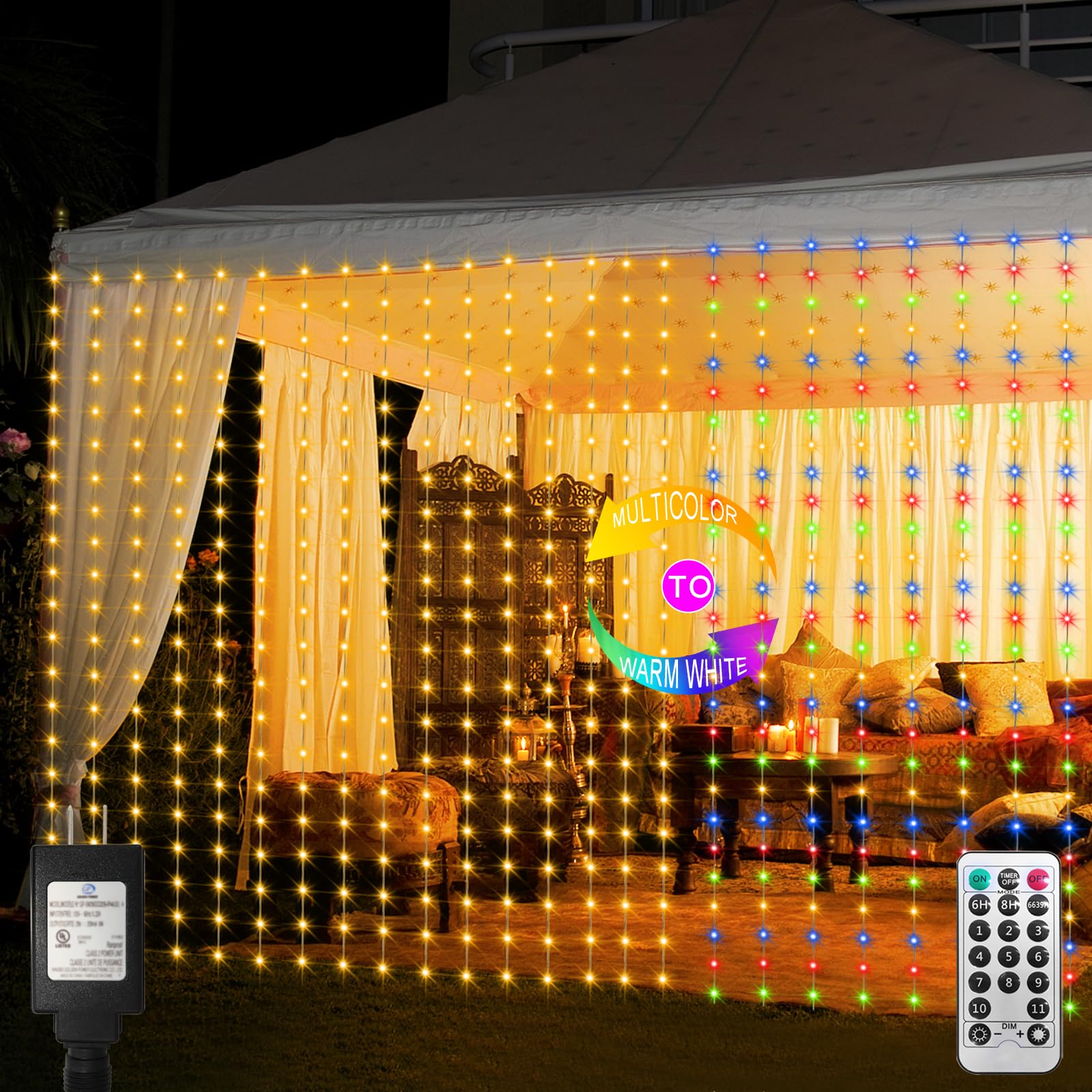 600 LED Curtain Lights Plug in - 20Ft x 10Ft Connectable Dual Color Changing Fairy Lights for Outdoor & Indoor Use - Waterproof Wedding Backdrop, Bedroom Decor, Party Lighting (Warm White & Multicolor) - Perfect for Weddings, Christmas, Garden Parties and Home Decoration