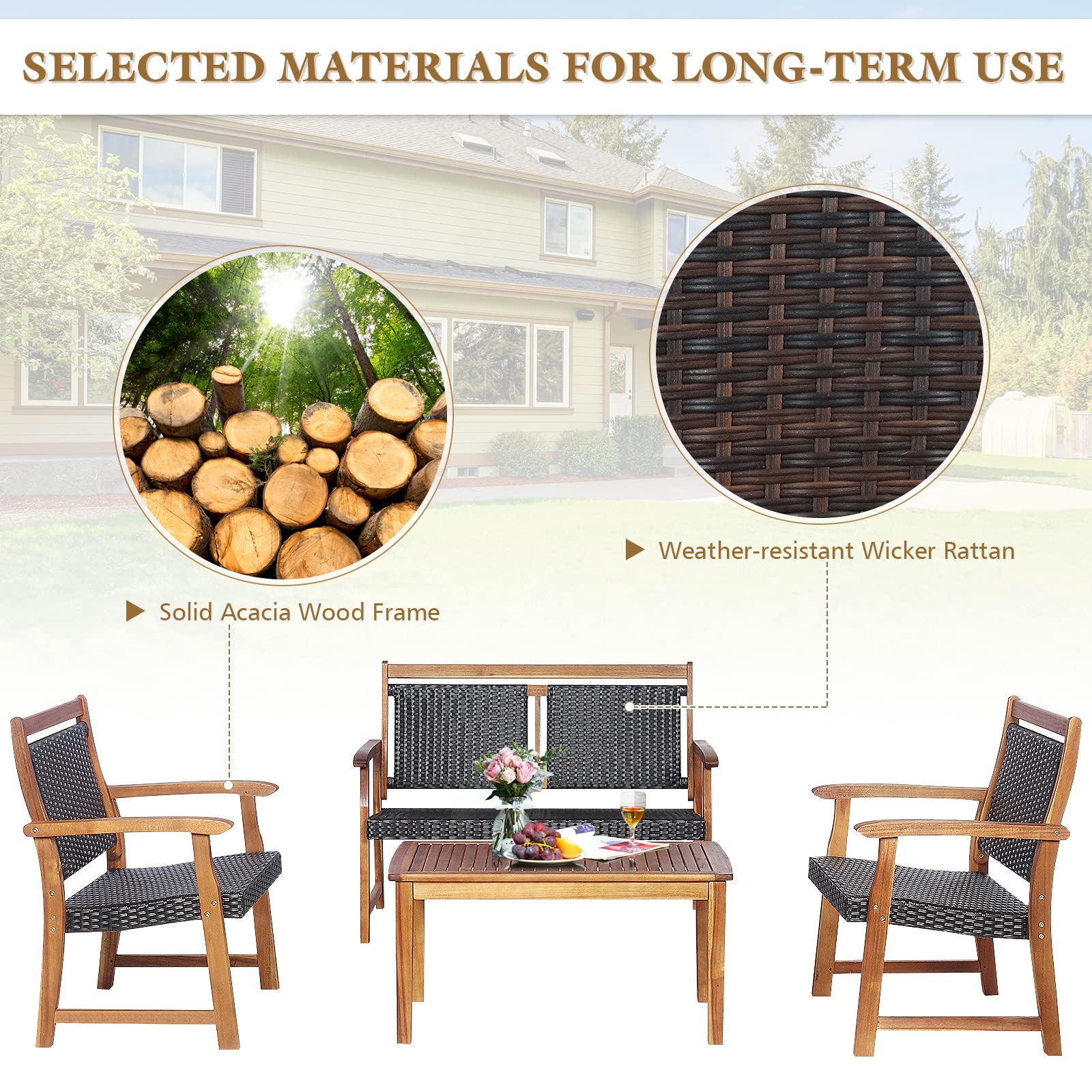 Tangkula 4-Piece Outdoor Patio Furniture Set - Rattan Wicker Conversation Set with Acacia Wood Frame, Waterproof Sectional Sofa with Chairs & Coffee Table for Garden, Backyard, Poolside, Deck or Patio - Perfect for Relaxing, Entertaining and Outdoor Gatherings