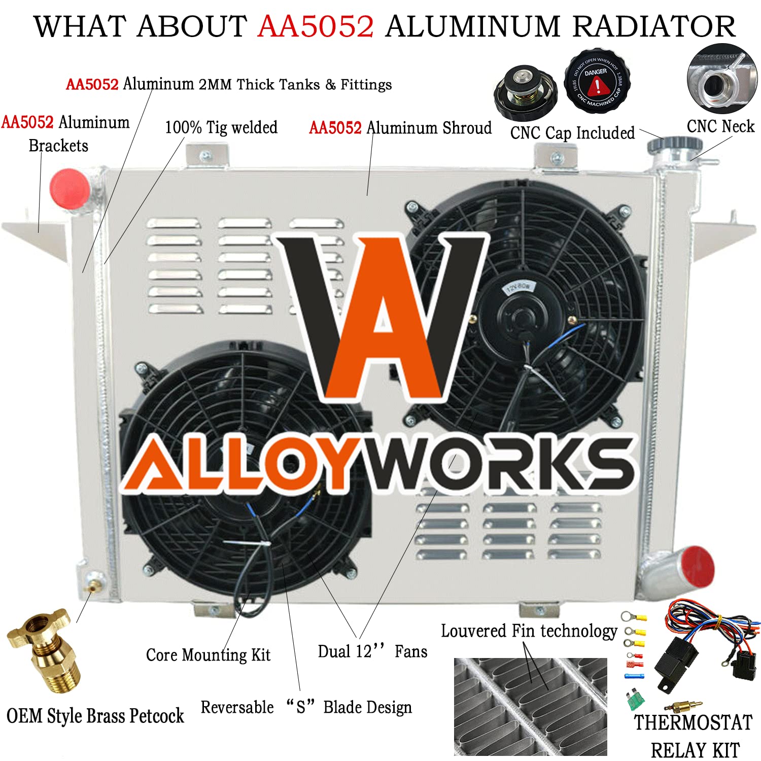 ALLOYWORKS 3 Row All Aluminum Radiator with Shroud Fan & Relay Kit for 1991-1993 Dodge D/W Series D250 D350 W250 W350 5.9L Cummins Diesel - Heavy Duty Cooling Upgrade for Towing & Off-Road Use