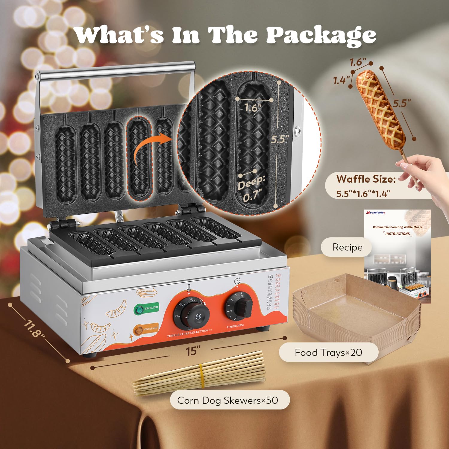 Commercial Corn Dog Waffle Maker Machine - 6 PCS 1550W Stainless Steel Waffles on a Stick Maker with 50-300℃ Temperature Control & 5-Min Timer - 110V White - Perfect for Fairs, Carnivals, Food Trucks & Home Breakfast