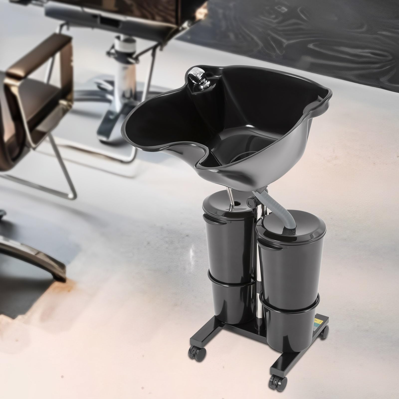 Adjustable Mobile Salon Shampoo Bowl - Professional Hair Washing Basin for Barbers & Stylists with 2 Buckets, Rolling Base & Height Adjustment - Perfect for Salon Backwash, Home Hair Care & Mobile Beauty Services (Black)