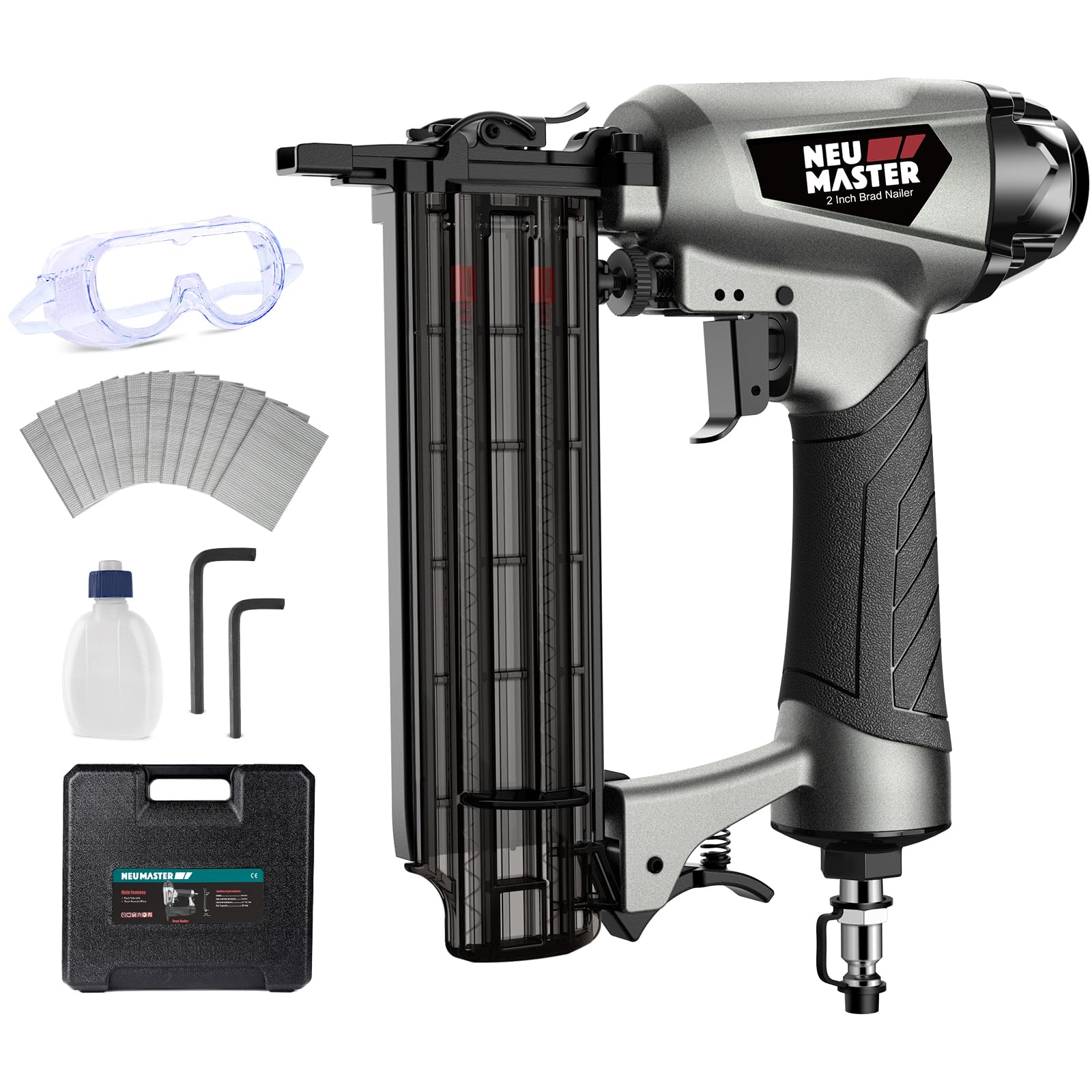 NEU MASTER 18 Gauge Pneumatic Brad Nailer - Professional Nail Gun for Woodworking & Carpentry (Fires 5/8