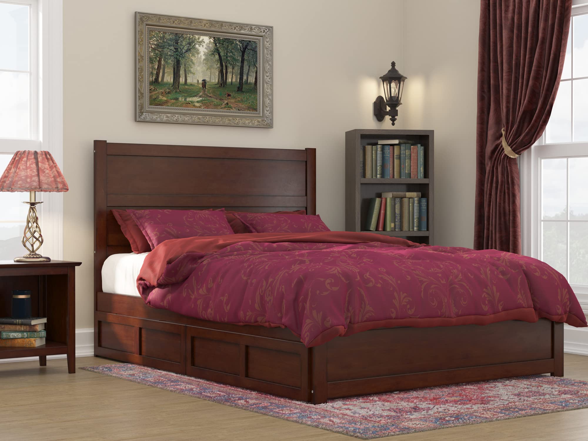 AFI NoHo Queen Size Platform Bed Frame with Footboard & 4 Storage Drawers, Solid Walnut Finish - Modern Bedroom Furniture for Small Spaces & Guest Rooms