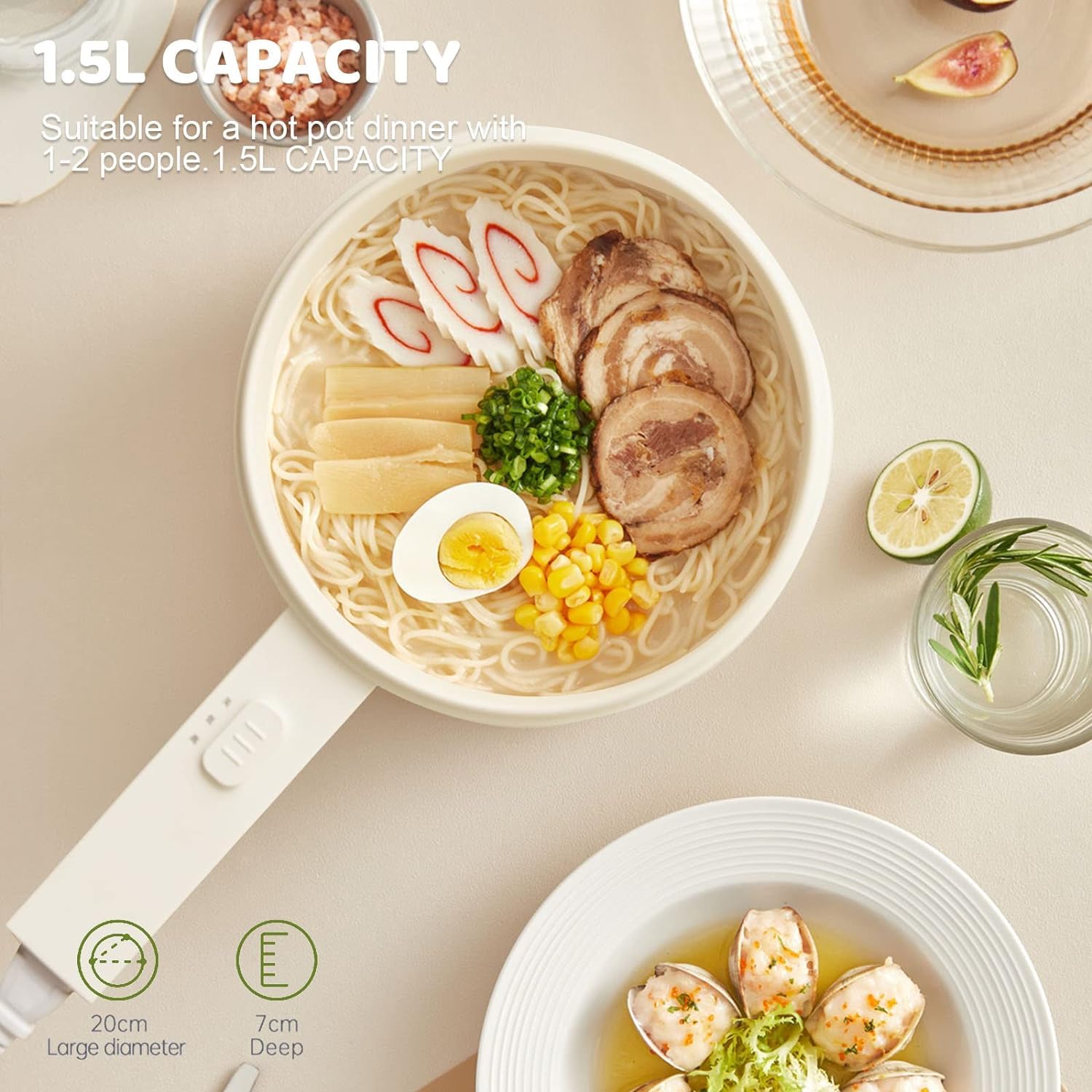 1.5L Mini Electric Hot Pot with Ceramic Non-Stick Coating - Portable Multi-Cooker for Steak, Eggs, Fried Rice, Ramen & Soup | 2 Power Settings | Perfect for Dorm Rooms, Small Kitchens & Office Lunches