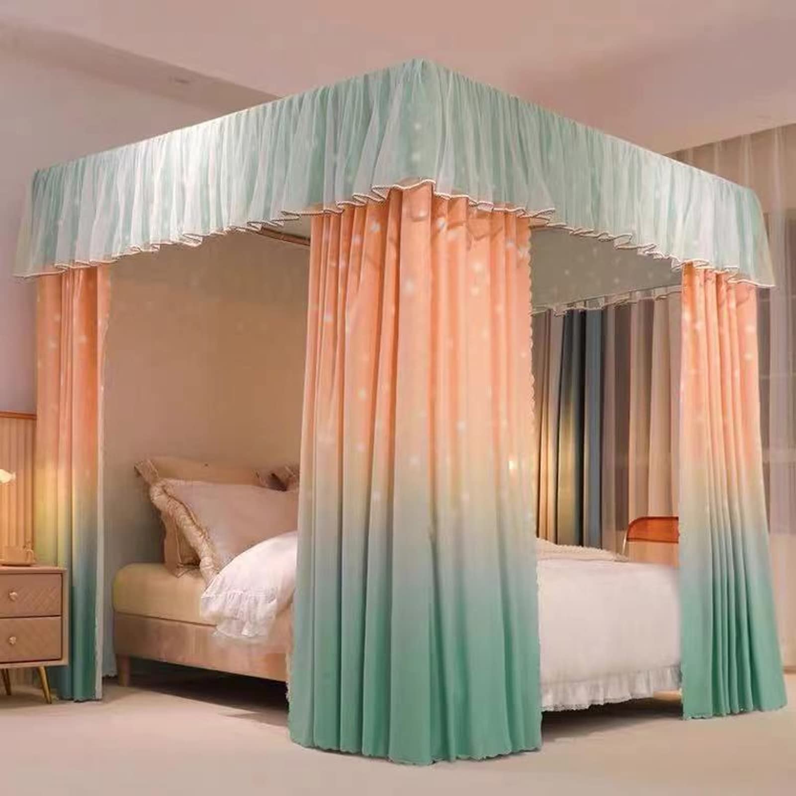Princess 4 Corner Post Bed Canopy - Windproof & Lightproof Mosquito Net for Queen Size Beds | Bedroom Decor for Adults & Girls | Perfect Gift for Kids (Orange-Cyan) | Ideal for Nursery, Dorm Room & Romantic Bedroom Decor
