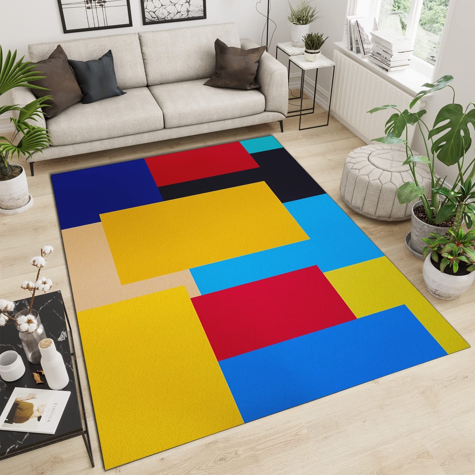 Modern Geometric Mosaic Area Rug - Soft Washable Non-Slip Puzzle Design for Living Room, Bedroom, Kitchen & Dining - 6.6ft x 5.3ft Home Decor Rug - Perfect for Boho Chic, Scandinavian & Minimalist Interiors