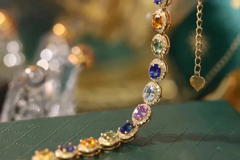 18K Yellow Gold Romantic Rainbow Design Bracelet with Real Natural Diamond & Aquamarine for Women - Perfect for Weddings, Anniversaries & Special Occasions
