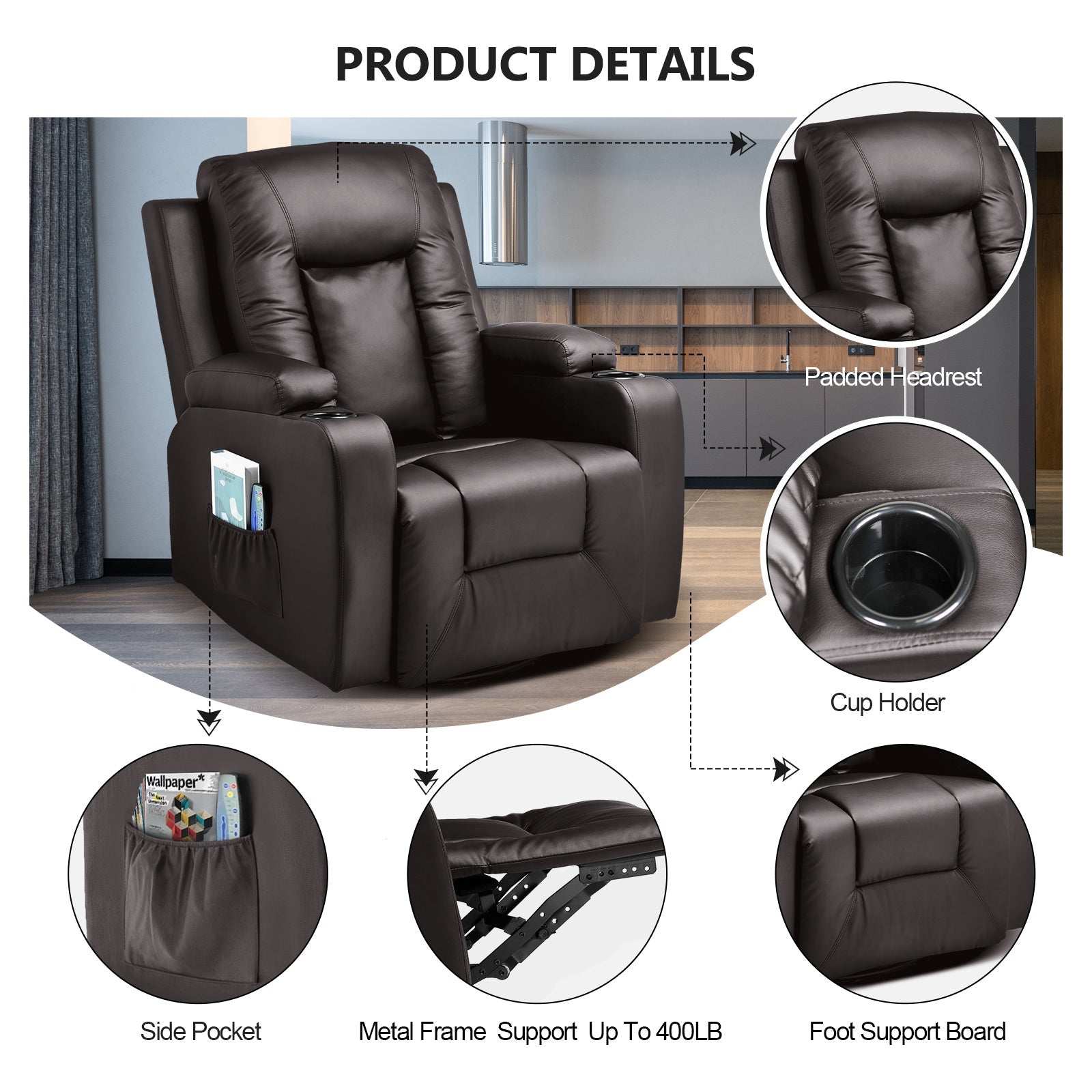 COMHOMA PU Leather Recliner Chair with Heat and Massage - Swivel Rocking Chair for Adults, Single Sofa Seat with Cup Holders & Side Pockets - Perfect for Living Room, Bedroom, Home Theater & Relaxation (Black)