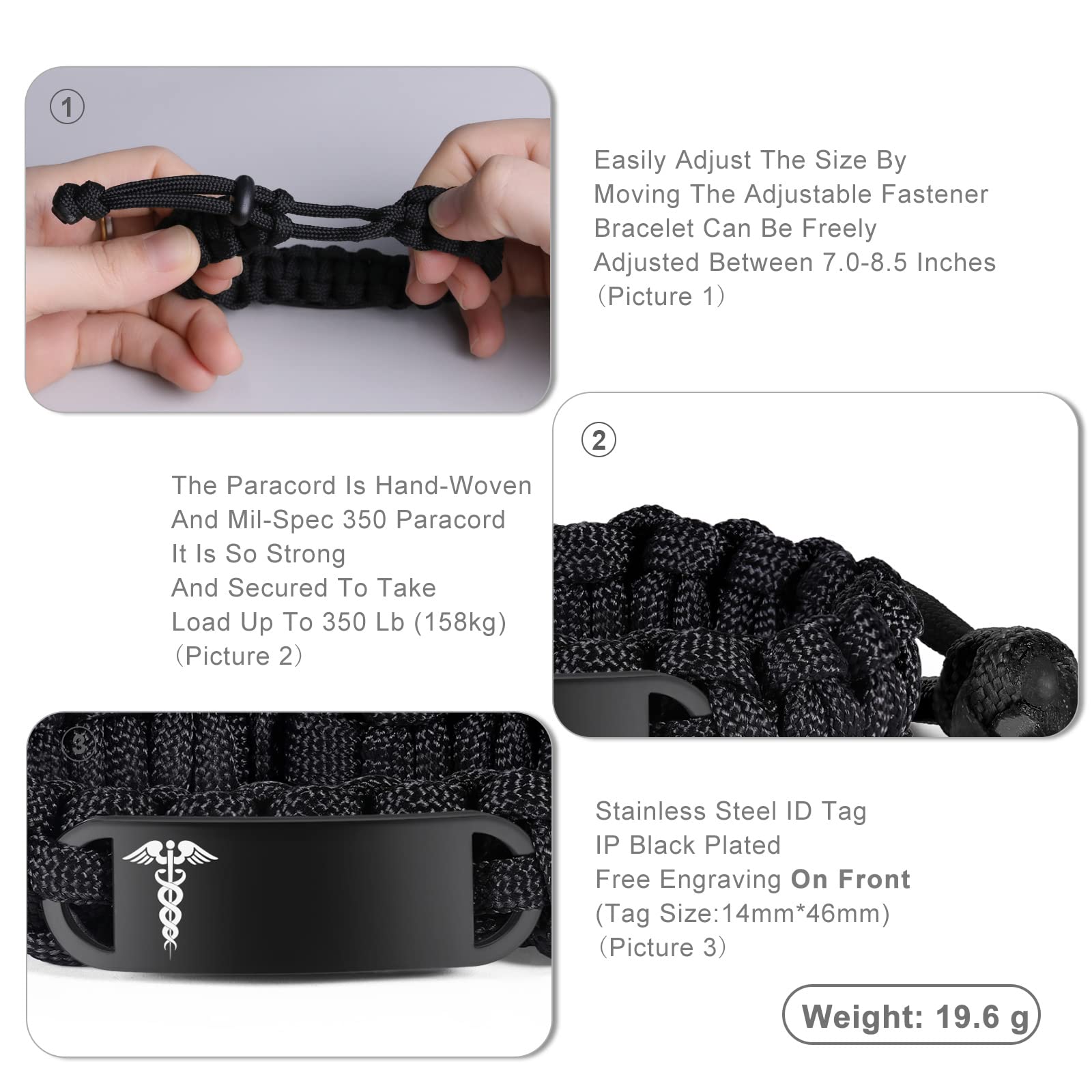 Emergency Medical Alert Bracelet for Men & Women - Adjustable Paracord ID Bracelet with Stainless Steel Plate (7.0-8.5 Inches) - Perfect for Diabetes, Allergies & Emergency Medical Identification