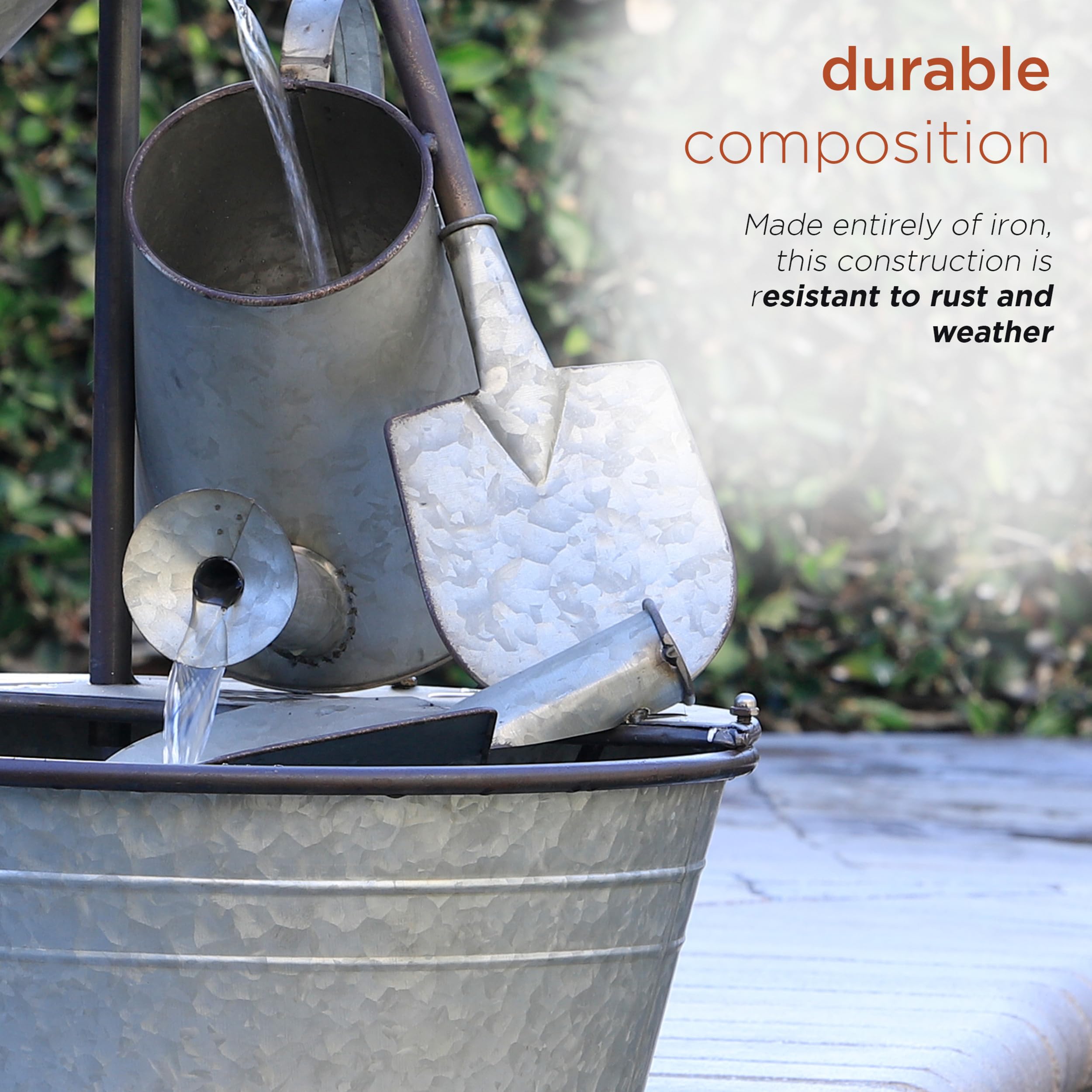 Alpine Corporation YHL106 3-Tiered Metal Outdoor Water Fountain with Garden Tools & Faucet Waterfall - 28 Inch Gray Patio Decor for Garden, Yard, and Backyard Relaxation